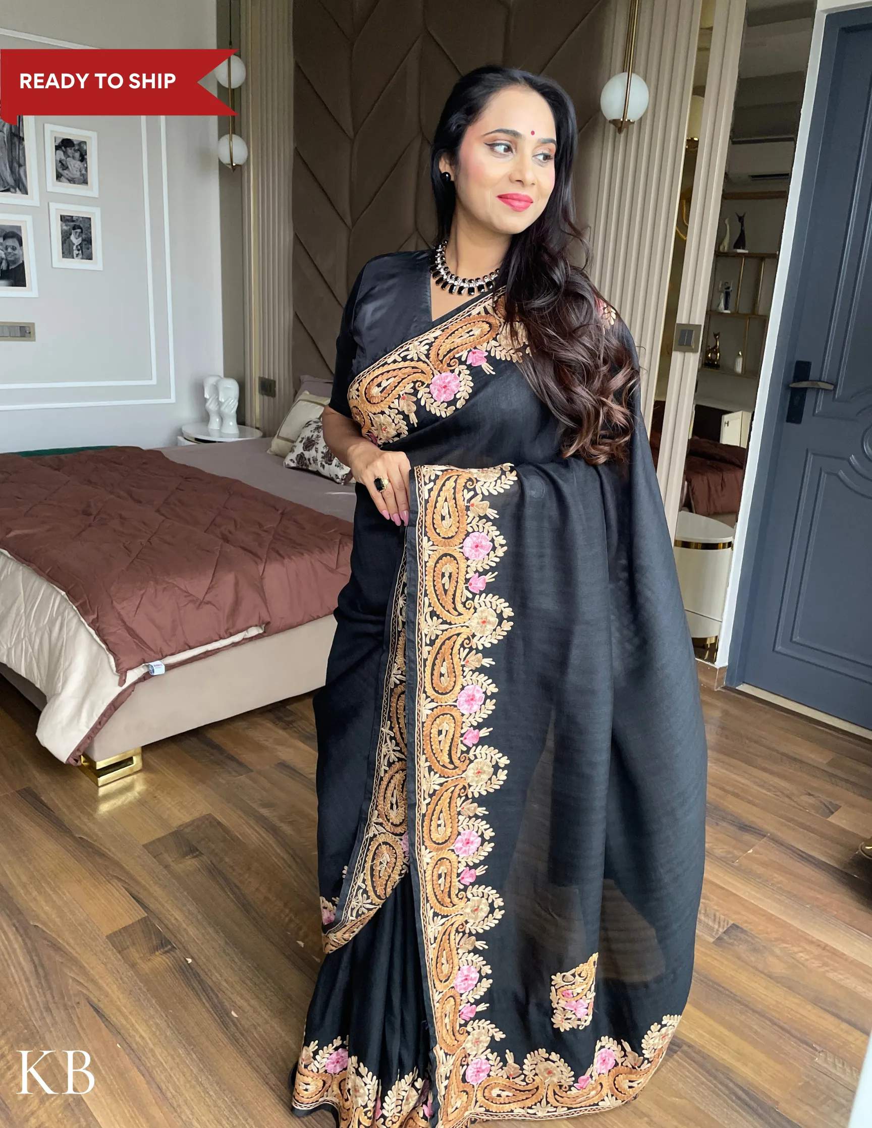 Gold Aari Border Black Silk Saree