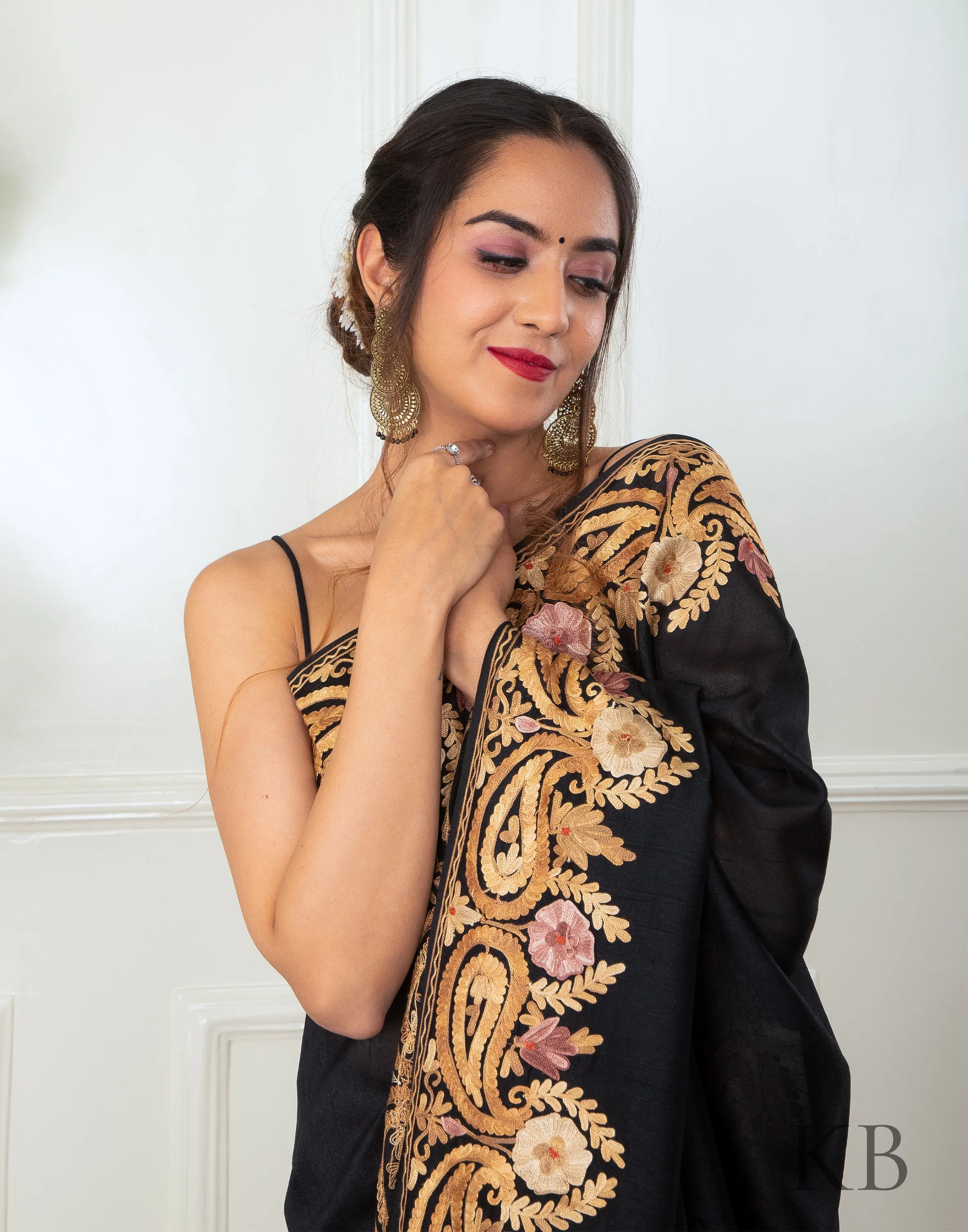 Gold Aari Border Black Silk Saree