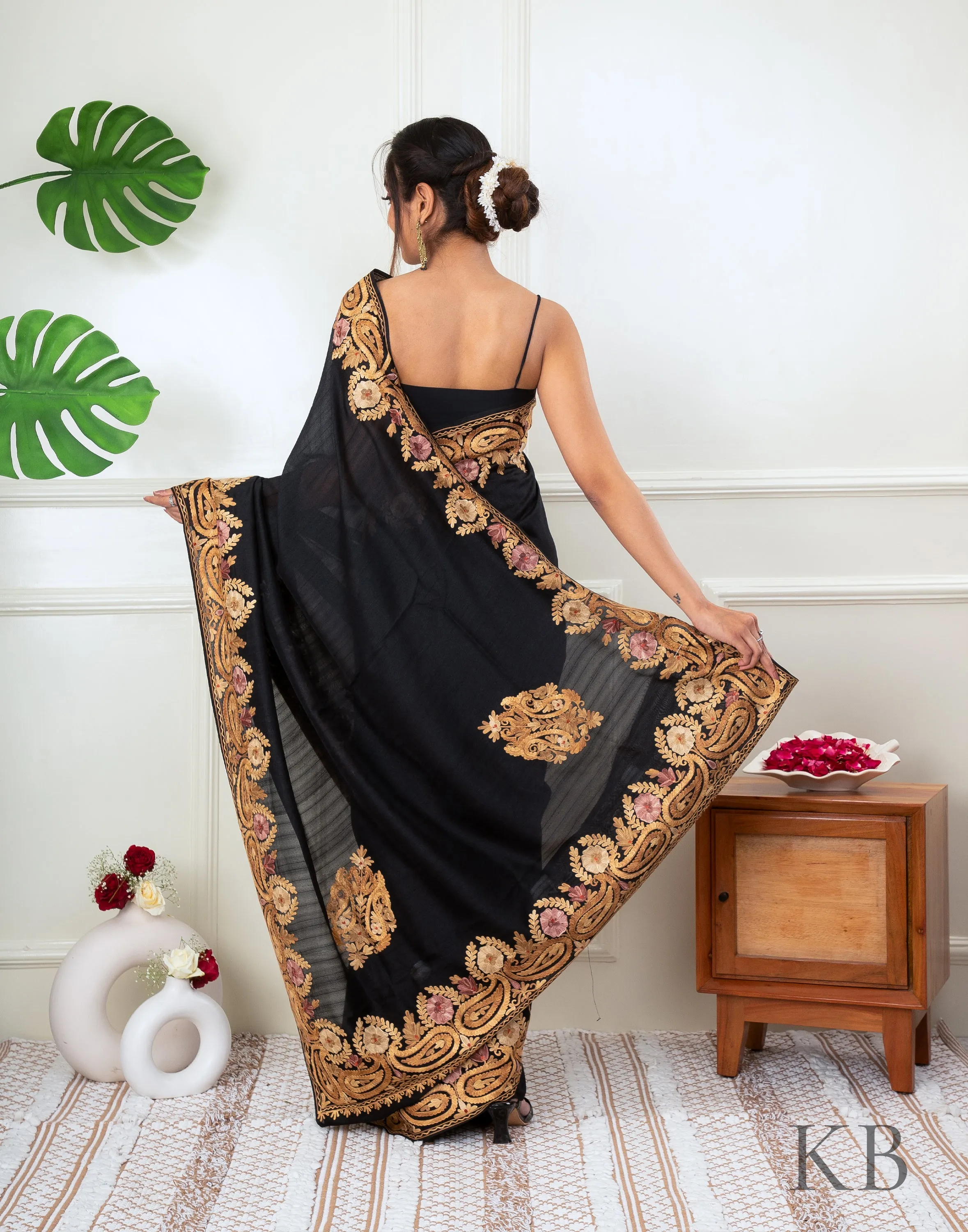 Gold Aari Border Black Silk Saree