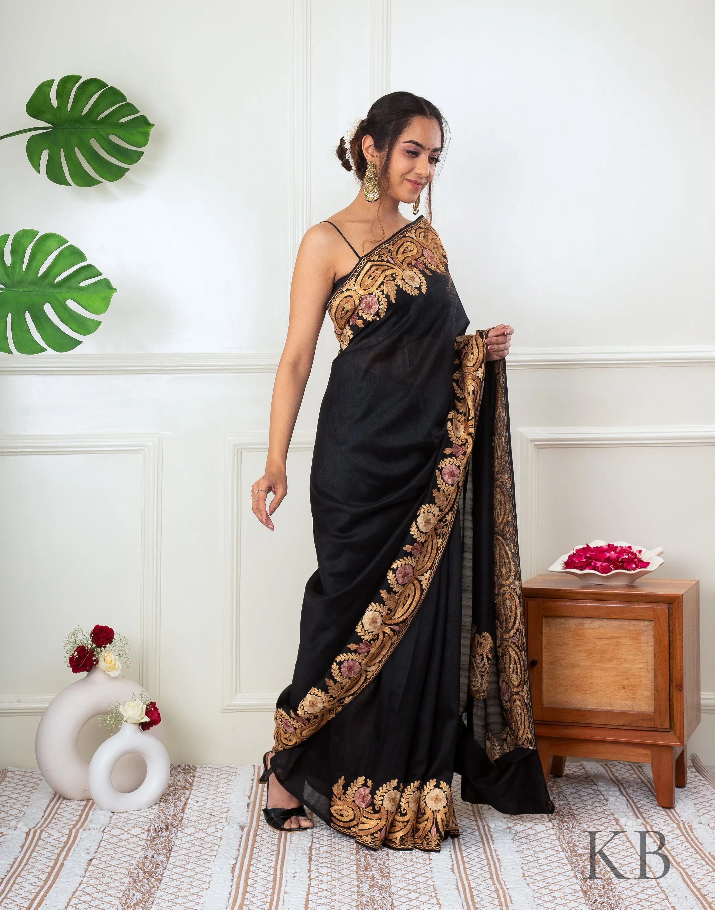 Gold Aari Border Black Silk Saree