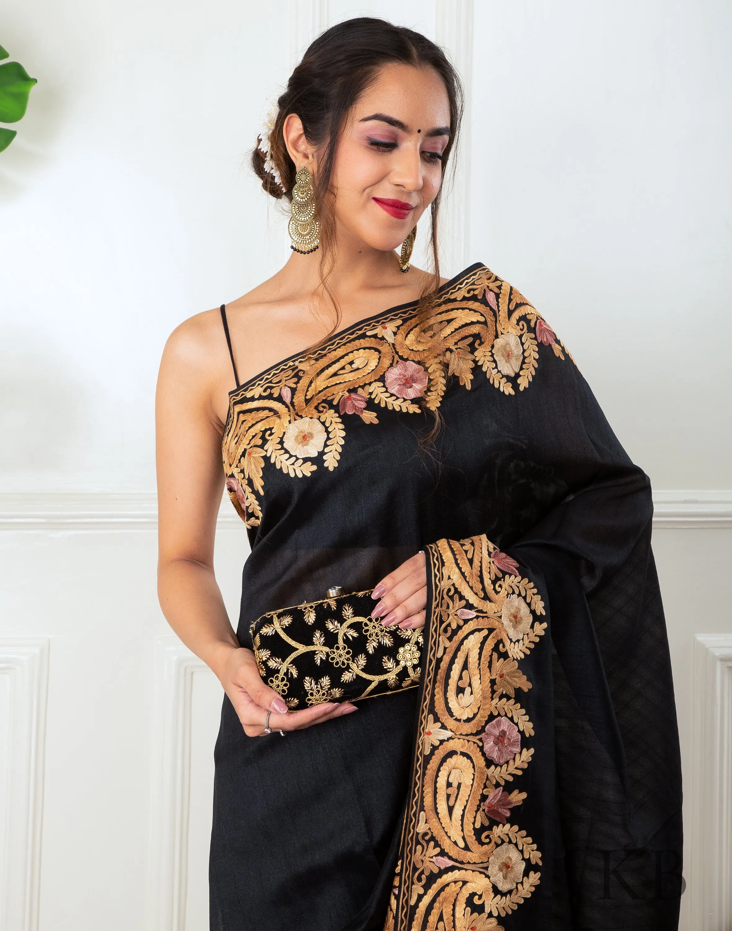 Gold Aari Border Black Silk Saree