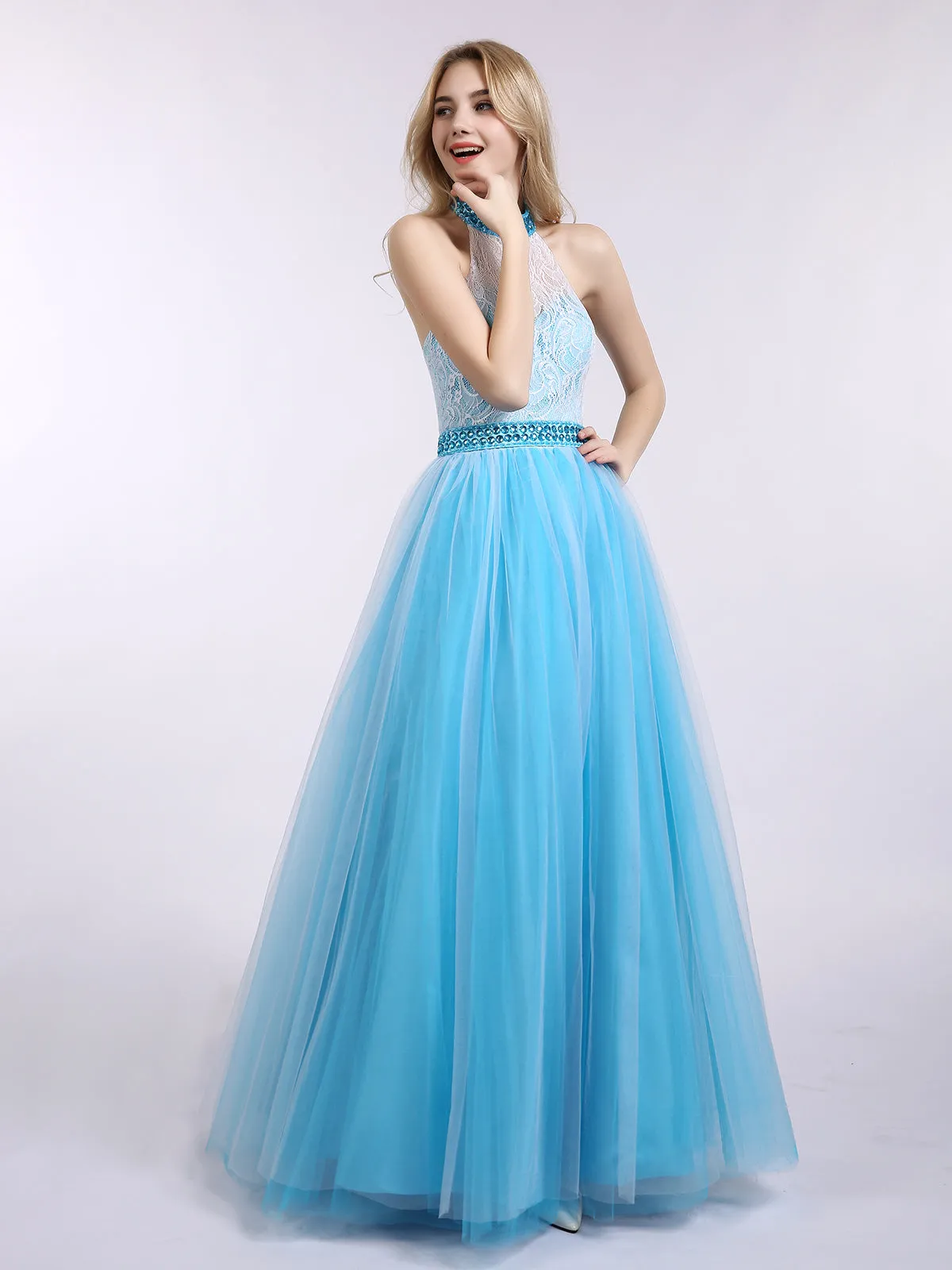 Illusion High Neck Lace and Tulle Dress-Royal Blue Plus Size