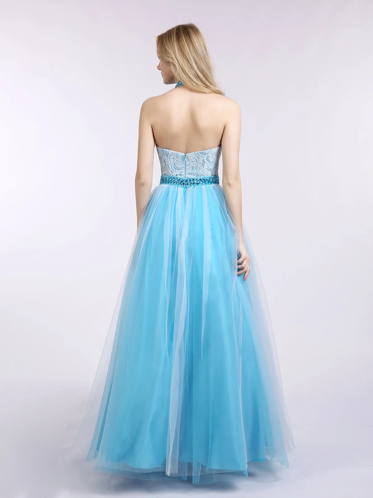 Illusion High Neck Lace and Tulle Dress-Royal Blue Plus Size