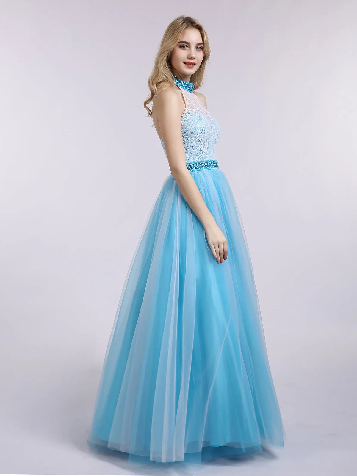 Illusion High Neck Lace and Tulle Dress-Royal Blue Plus Size