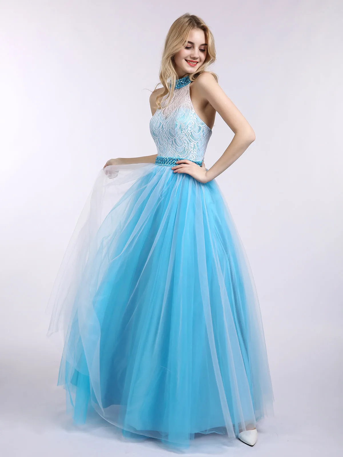 Illusion High Neck Lace and Tulle Dress-Royal Blue Plus Size