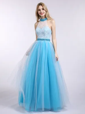 Illusion High Neck Lace and Tulle Dress-Royal Blue Plus Size