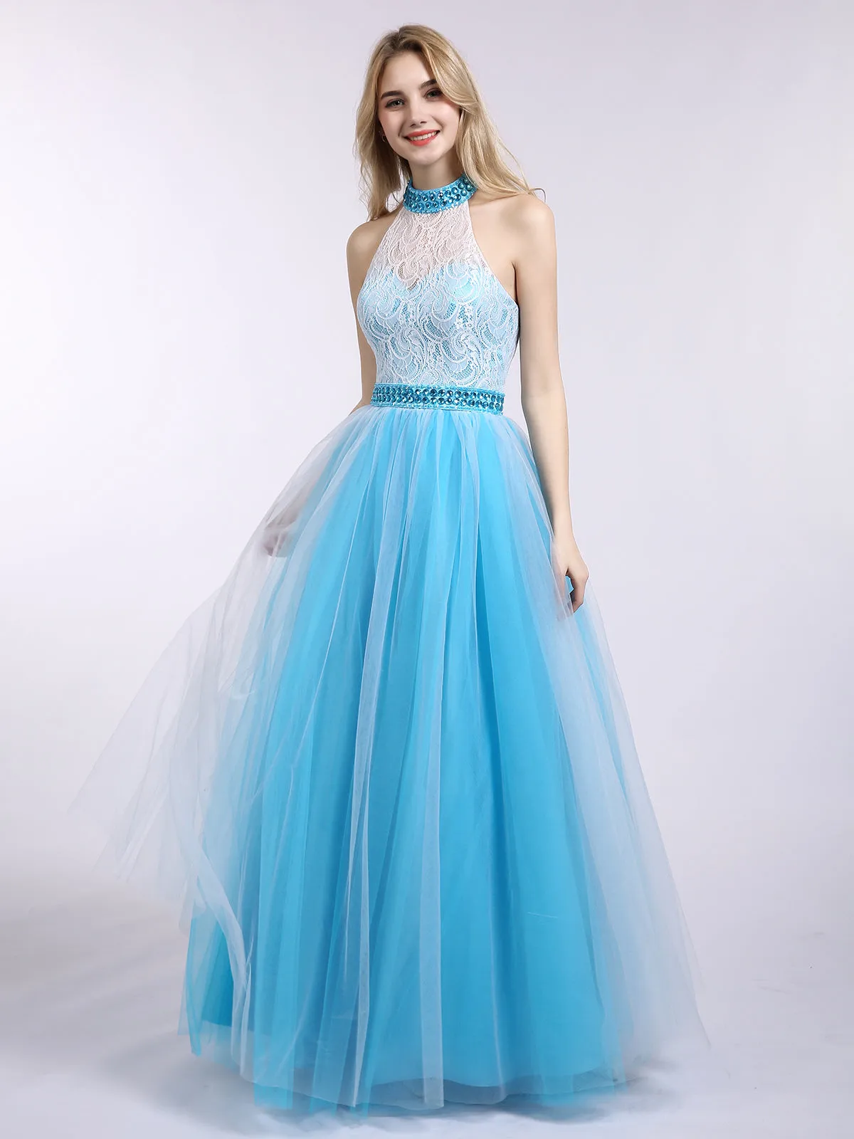 Illusion High Neck Lace and Tulle Dress-Royal Blue Plus Size