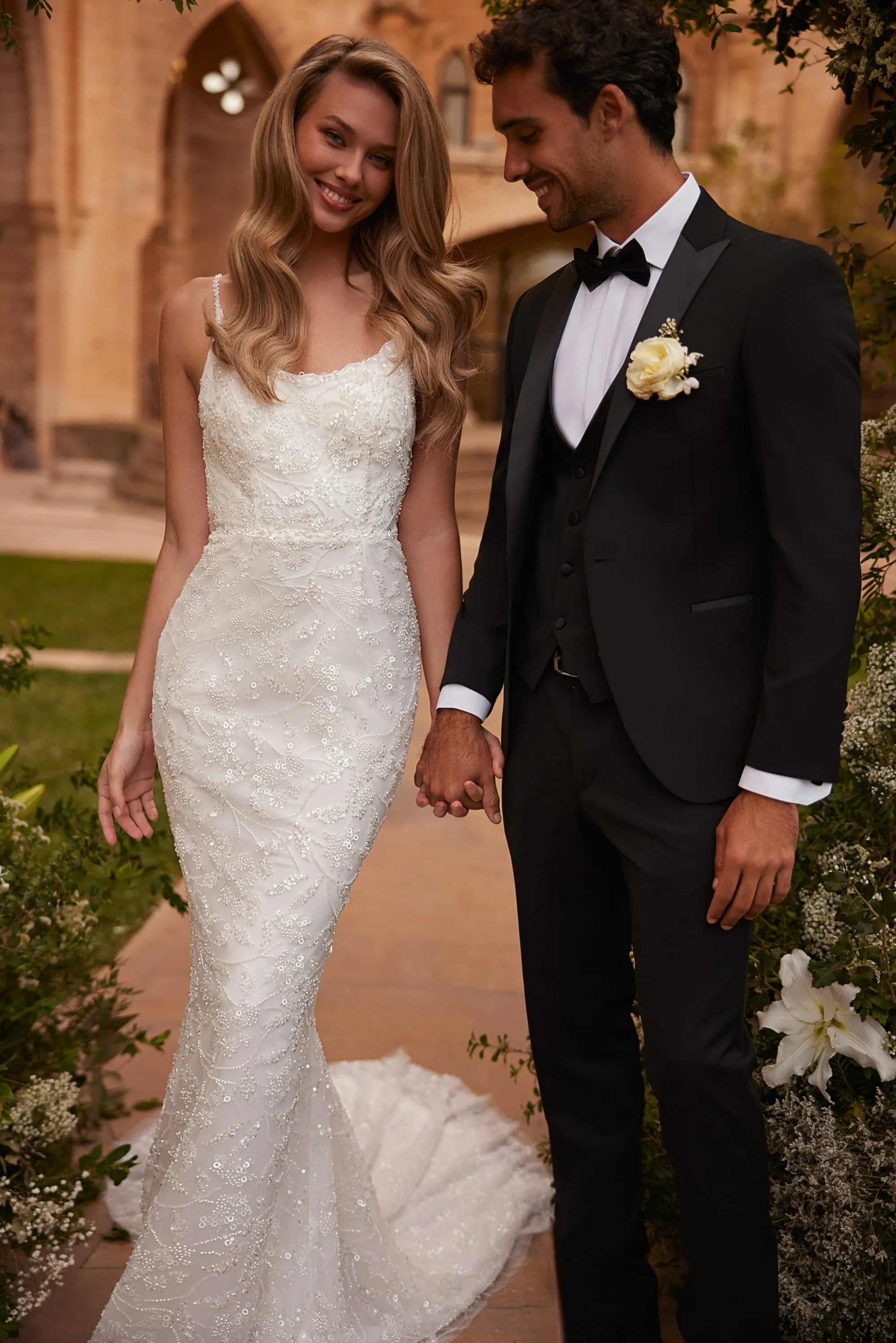 Ivory Mermaid Wedding Dress with Spaghetti Straps – Beaded Cowl Back Wedding Gown with Train Plus Size