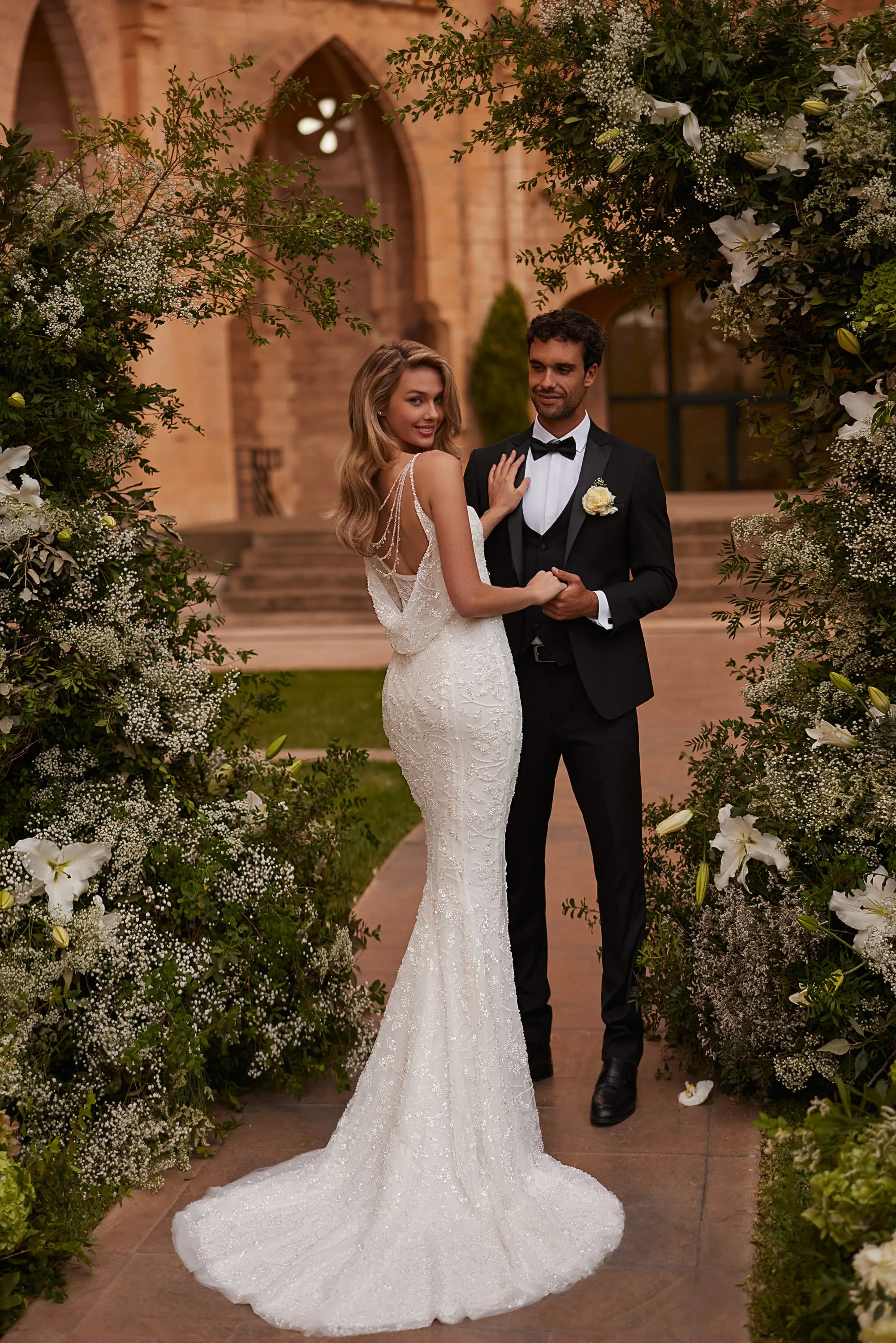 Ivory Mermaid Wedding Dress with Spaghetti Straps – Beaded Cowl Back Wedding Gown with Train Plus Size