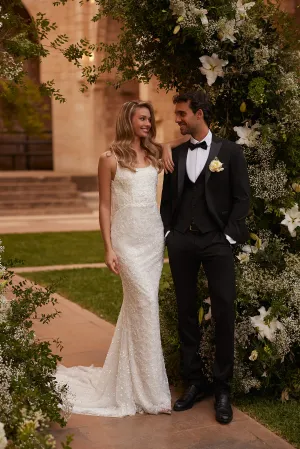 Ivory Mermaid Wedding Dress with Spaghetti Straps – Beaded Cowl Back Wedding Gown with Train Plus Size