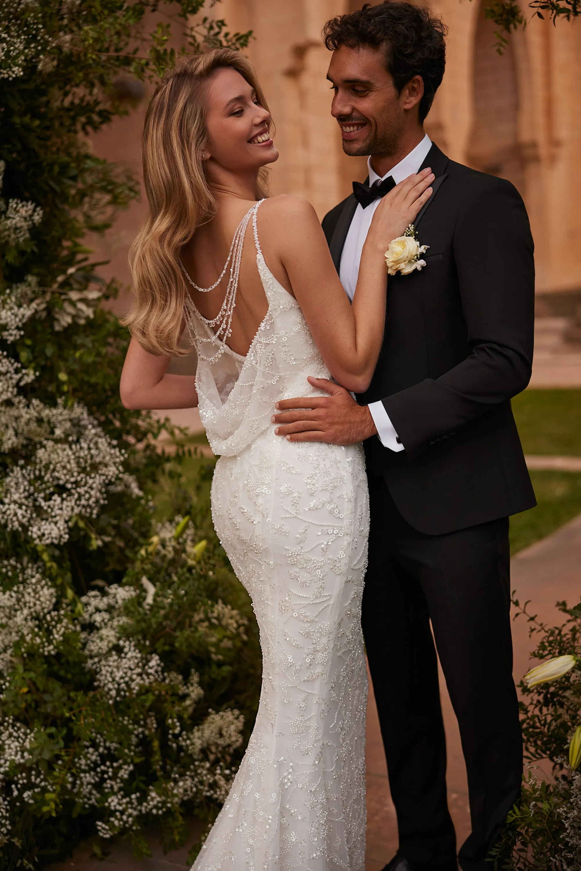 Ivory Mermaid Wedding Dress with Spaghetti Straps – Beaded Cowl Back Wedding Gown with Train Plus Size