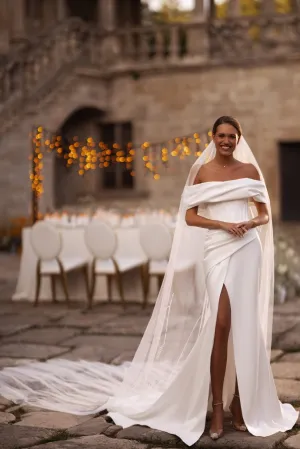 Ivory Off-Shoulder Satin Wedding Dress with Corset and High Slit Plus Size