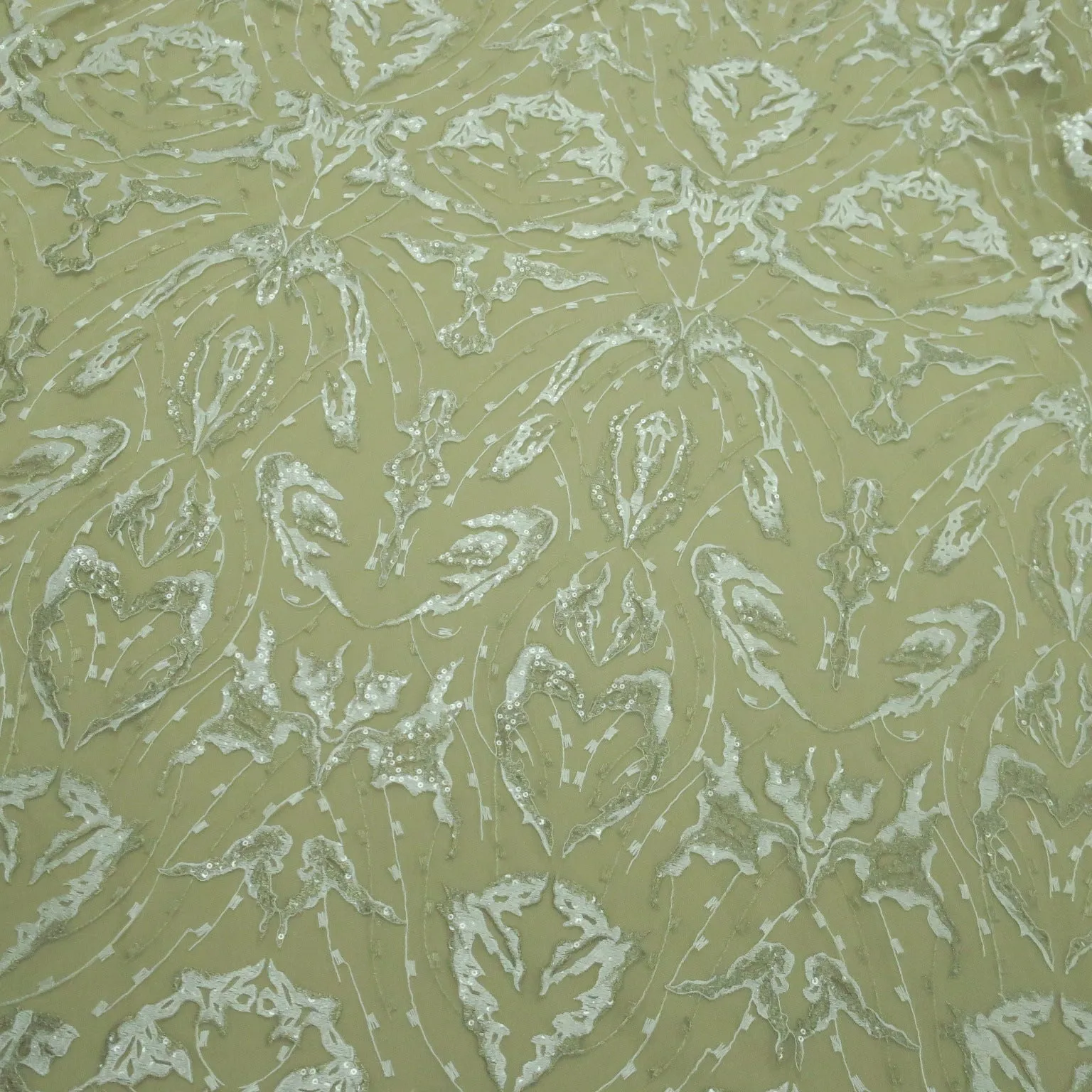 Ivory With White and Silver Abstract with Sequins Embroidered Tulle Fabric