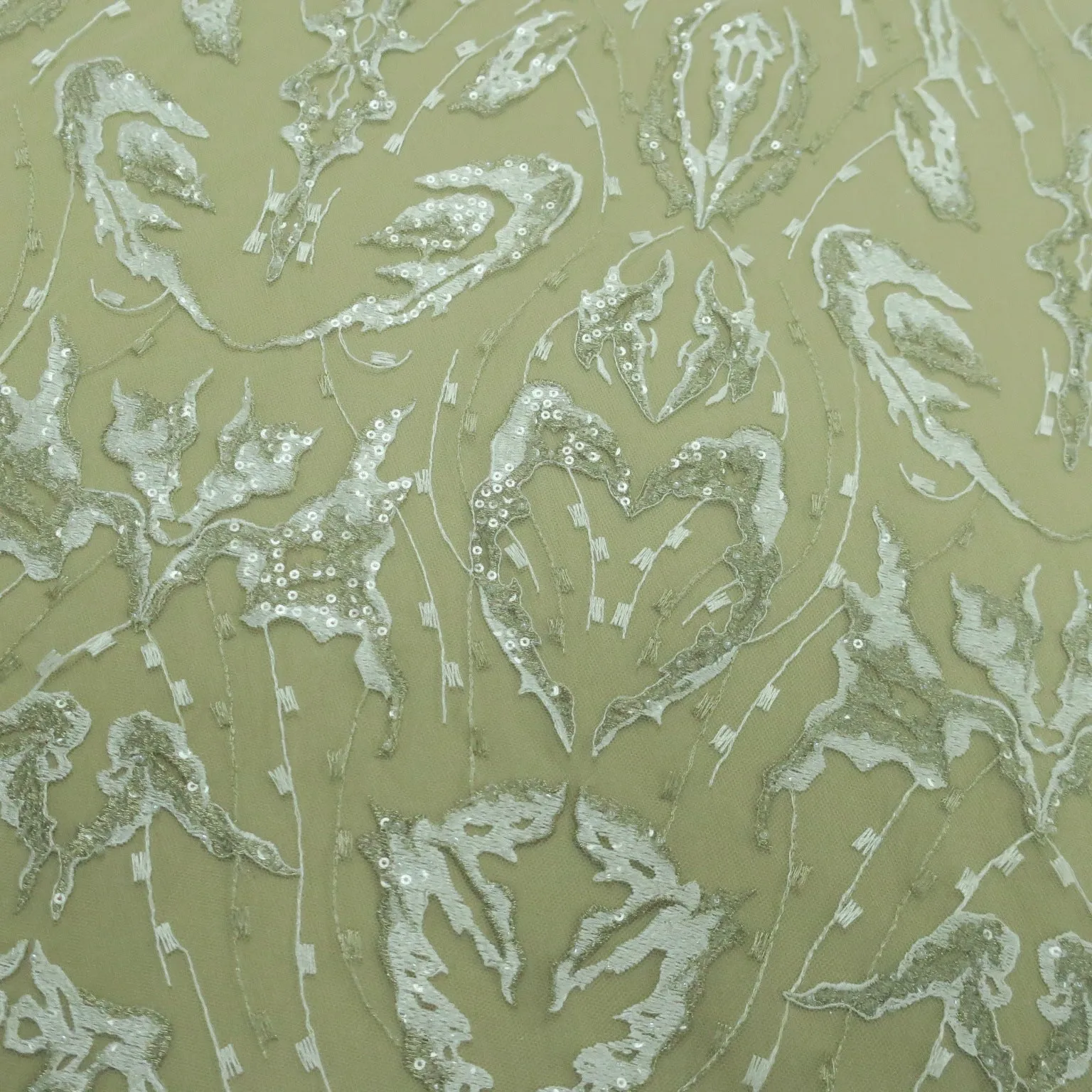 Ivory With White and Silver Abstract with Sequins Embroidered Tulle Fabric