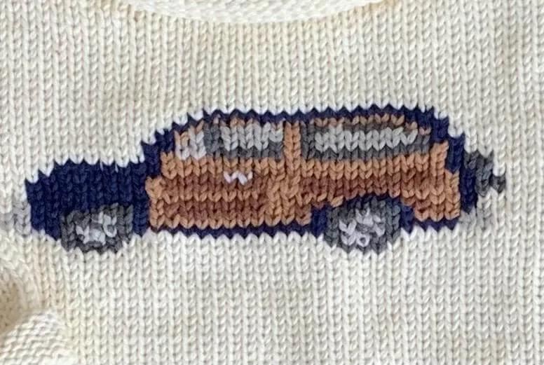 Ivory Woody Wagon/Navy Car Roll Neck Sweater