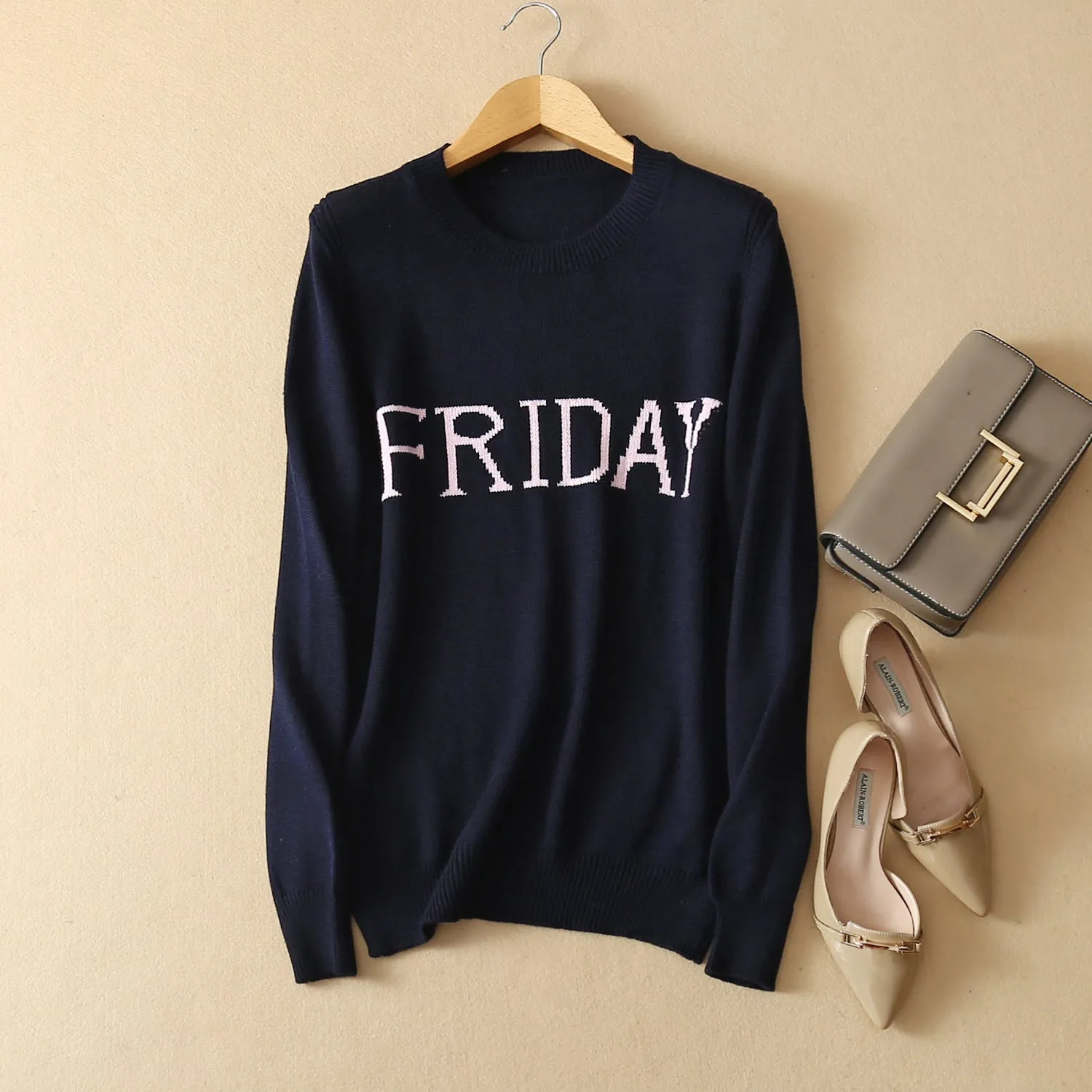 Letter Print Scoop Candy Color Slim Pullover Sweater