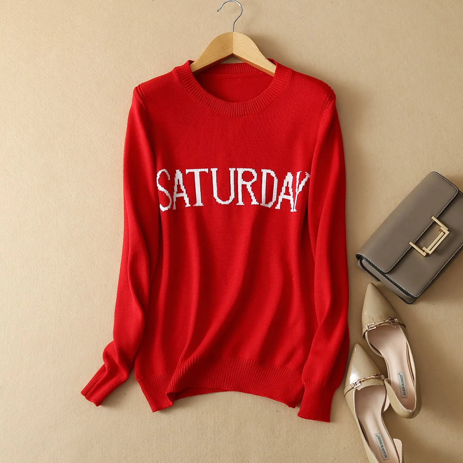 Letter Print Scoop Candy Color Slim Pullover Sweater