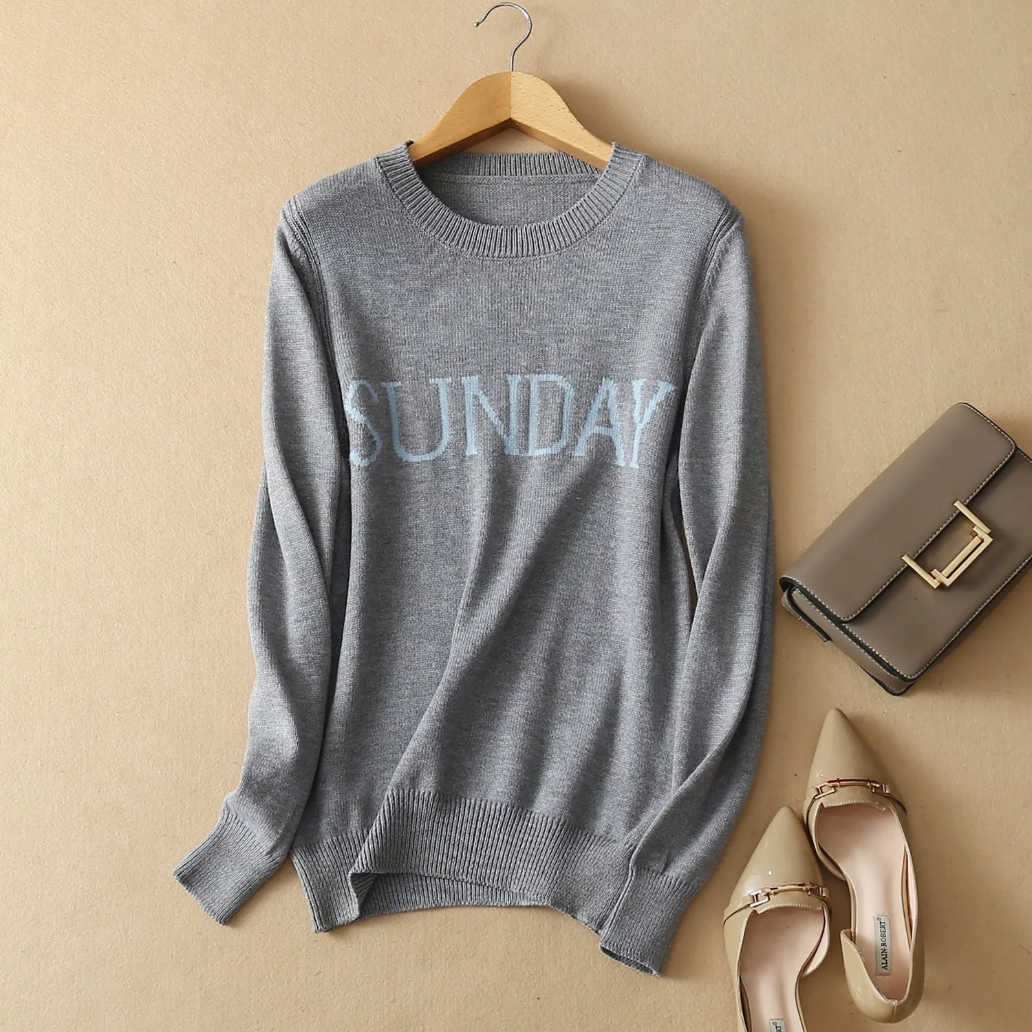 Letter Print Scoop Candy Color Slim Pullover Sweater