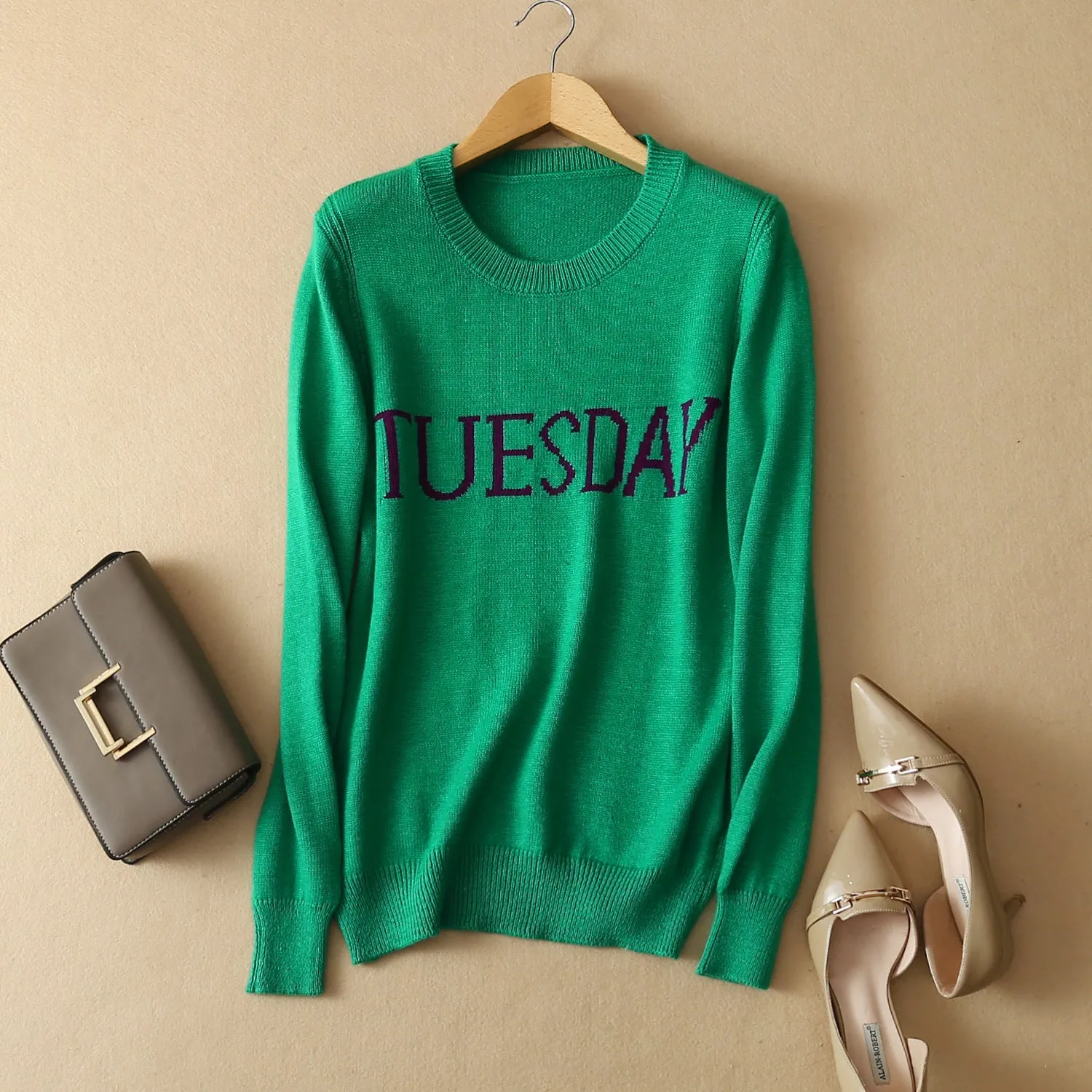 Letter Print Scoop Candy Color Slim Pullover Sweater