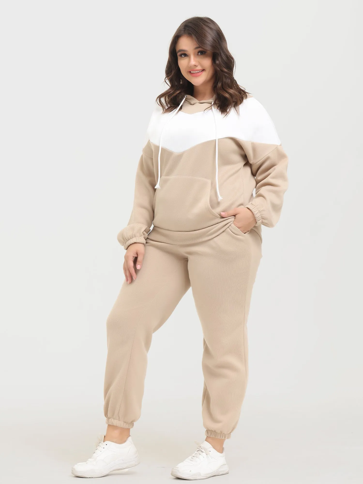 Midsize Casual Fashion Colorblock Fleece Hoodie 2-Piece Set