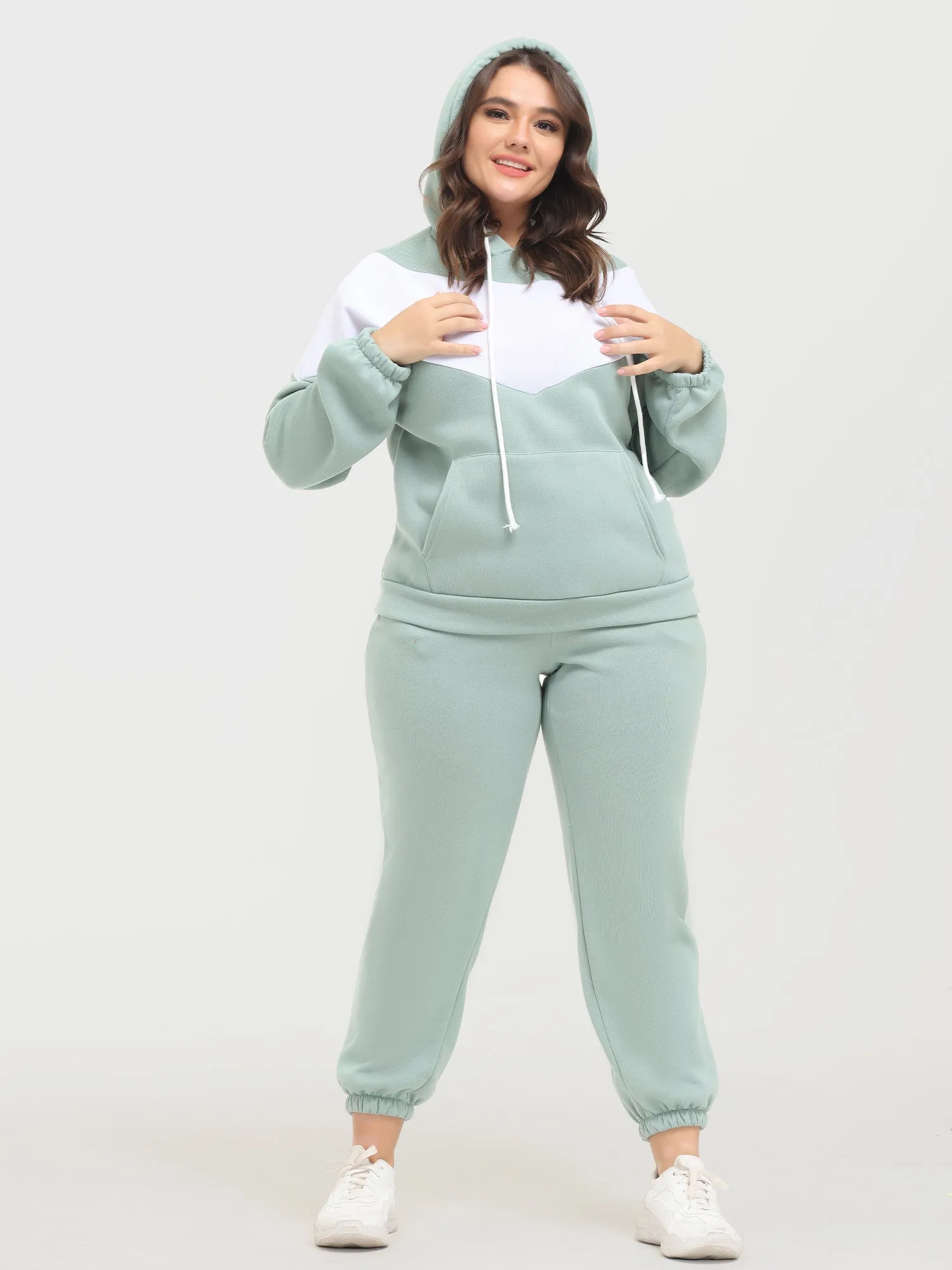 Midsize Casual Fashion Colorblock Fleece Hoodie 2-Piece Set
