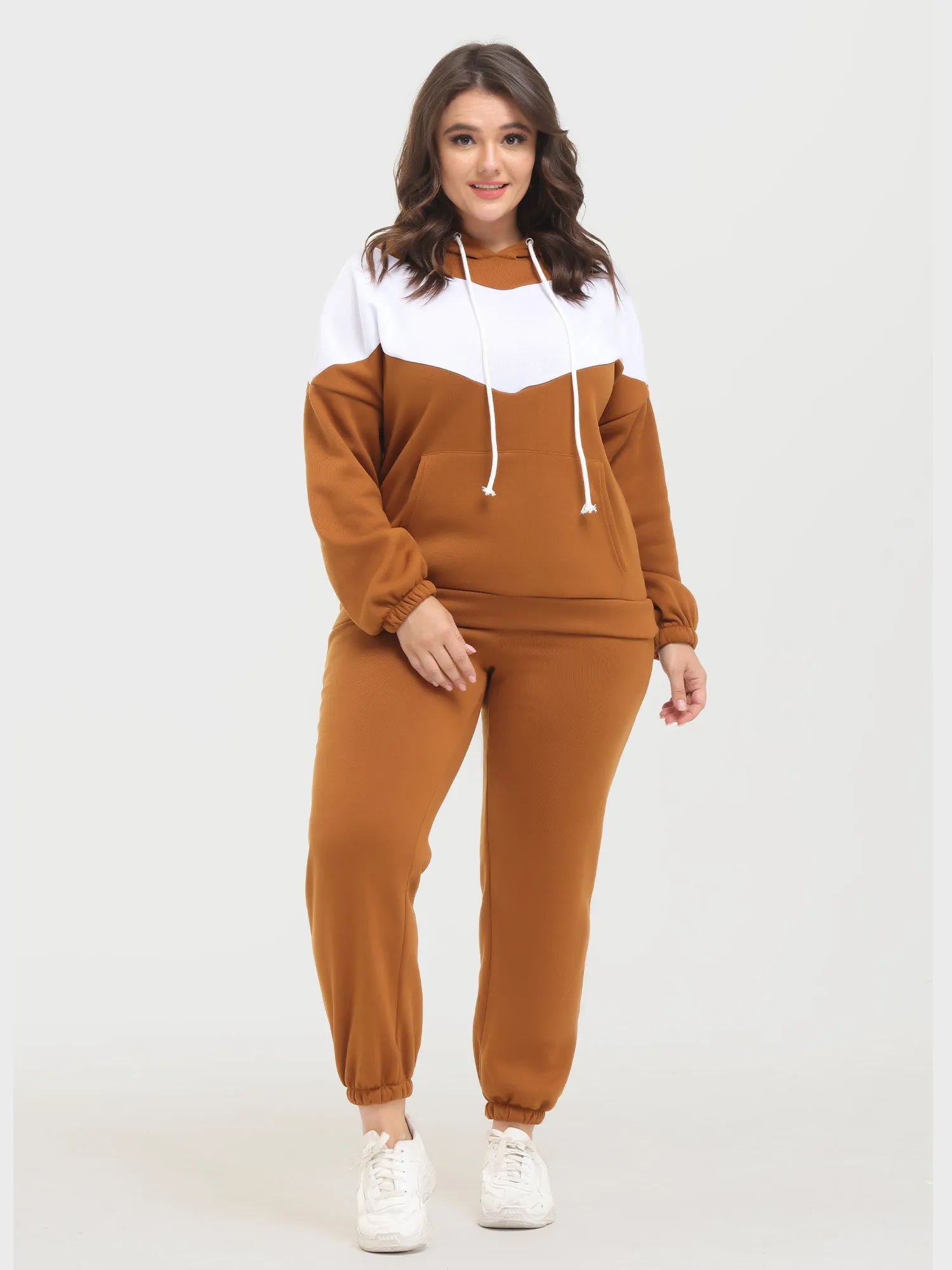 Midsize Casual Fashion Colorblock Fleece Hoodie 2-Piece Set