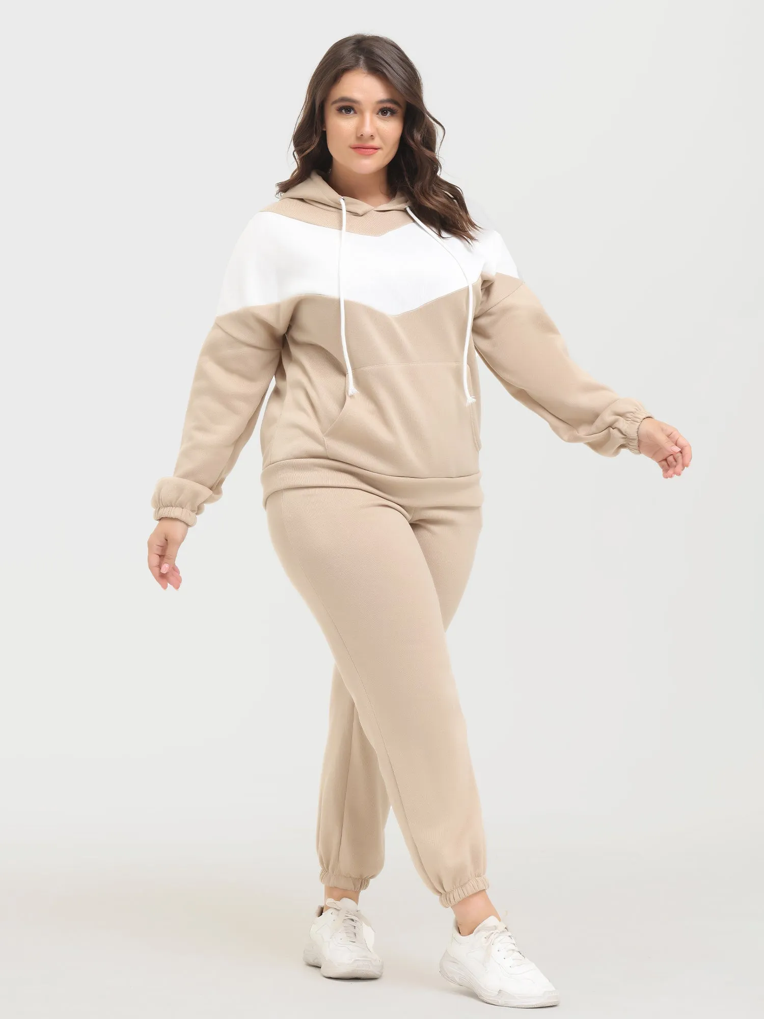 Midsize Casual Fashion Colorblock Fleece Hoodie 2-Piece Set