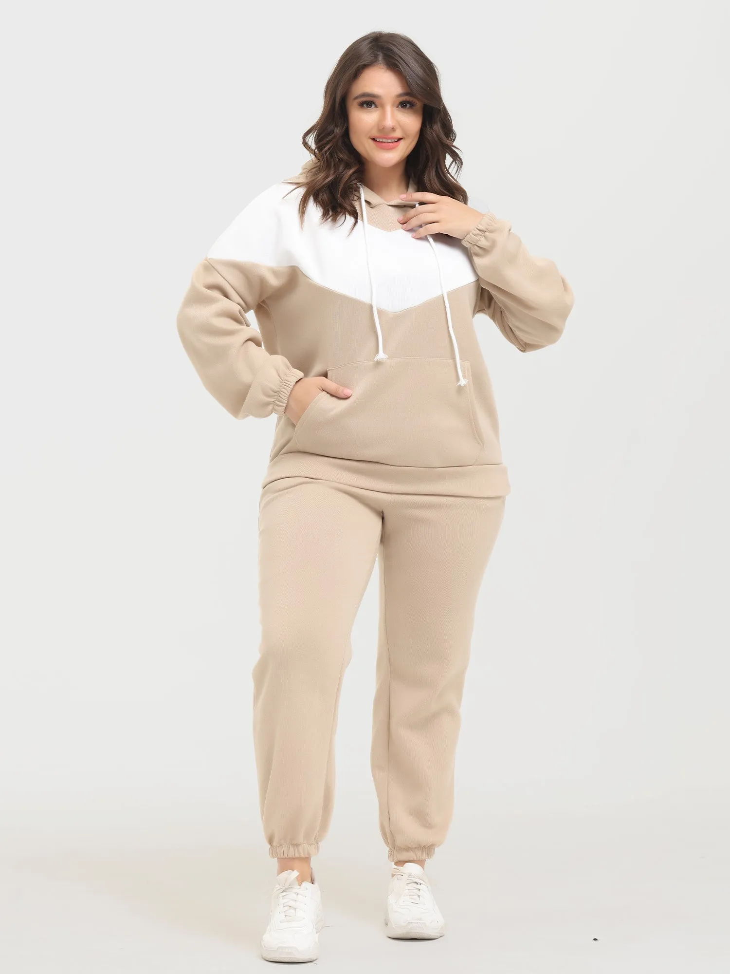 Midsize Casual Fashion Colorblock Fleece Hoodie 2-Piece Set
