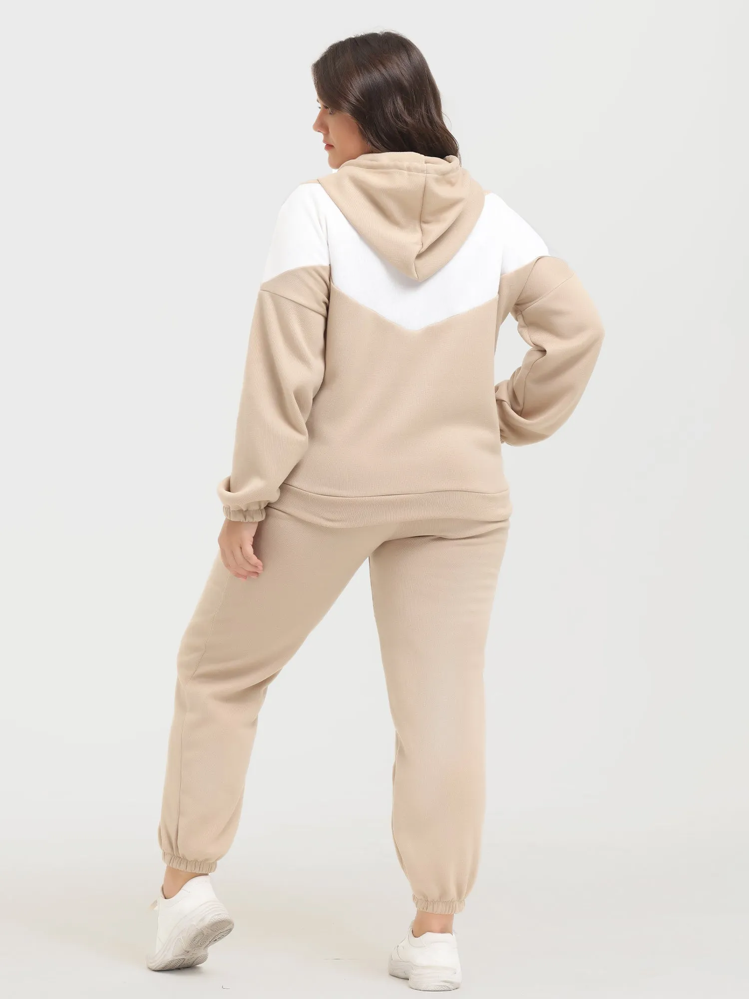 Midsize Casual Fashion Colorblock Fleece Hoodie 2-Piece Set