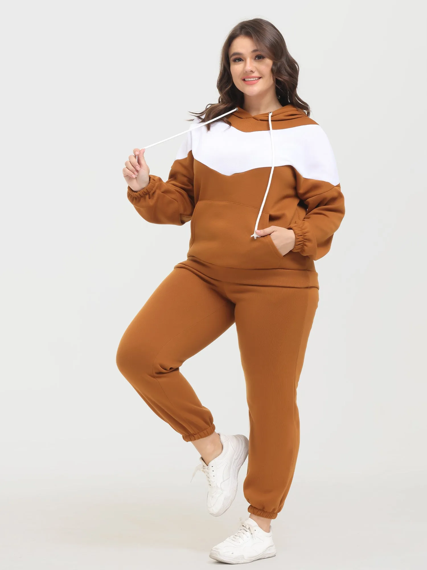 Midsize Casual Fashion Colorblock Fleece Hoodie 2-Piece Set