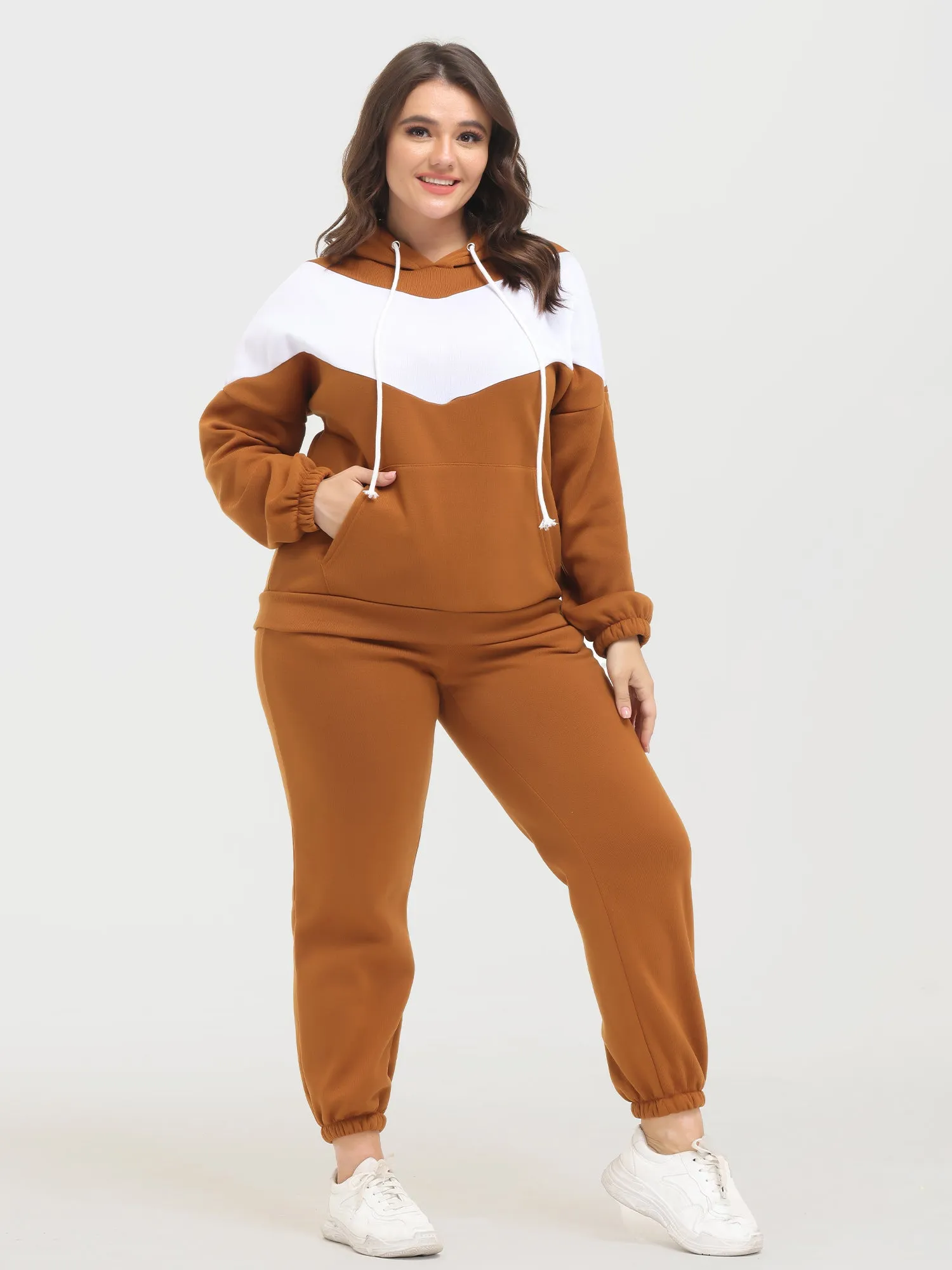 Midsize Casual Fashion Colorblock Fleece Hoodie 2-Piece Set
