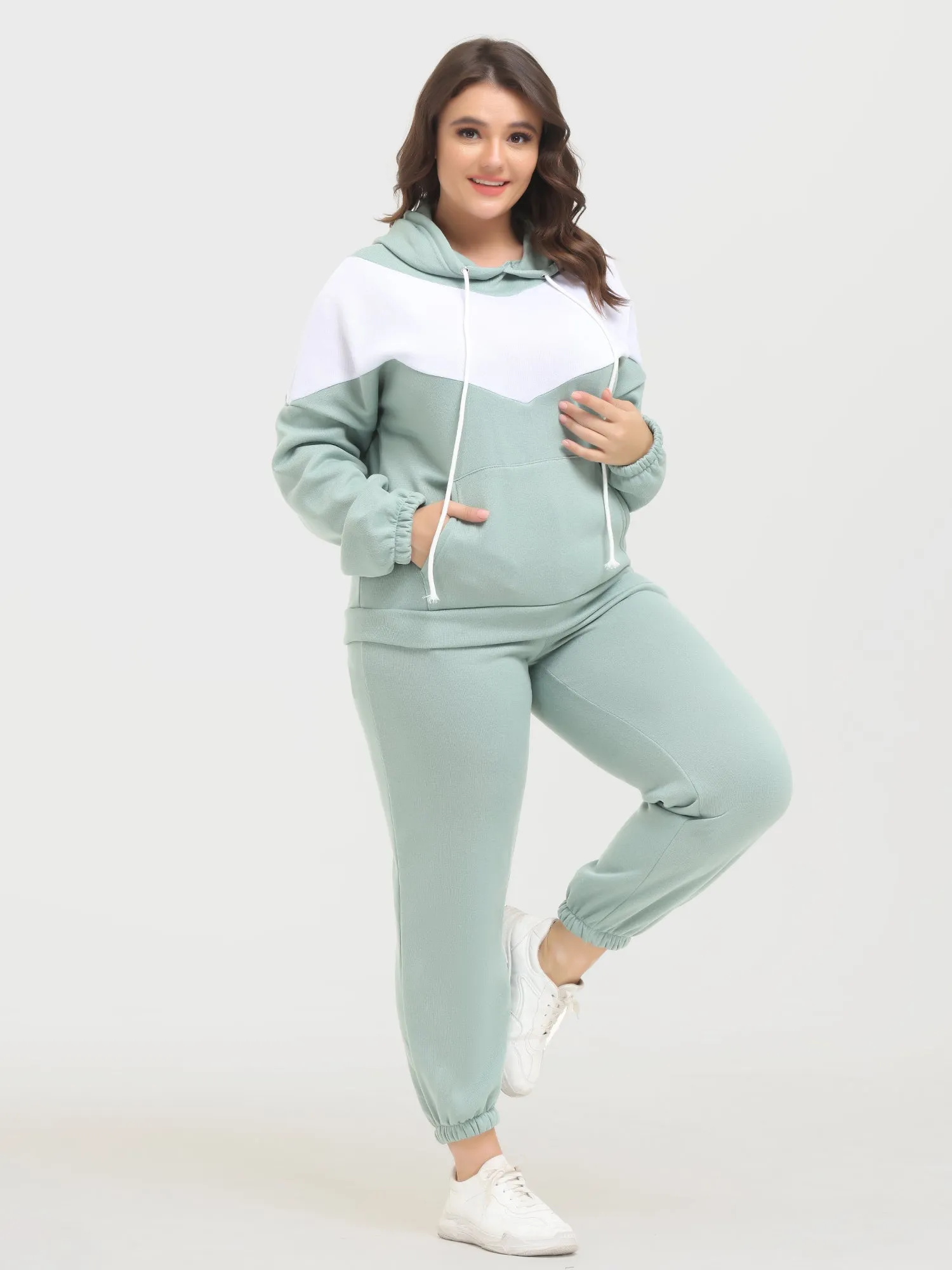 Midsize Casual Fashion Colorblock Fleece Hoodie 2-Piece Set