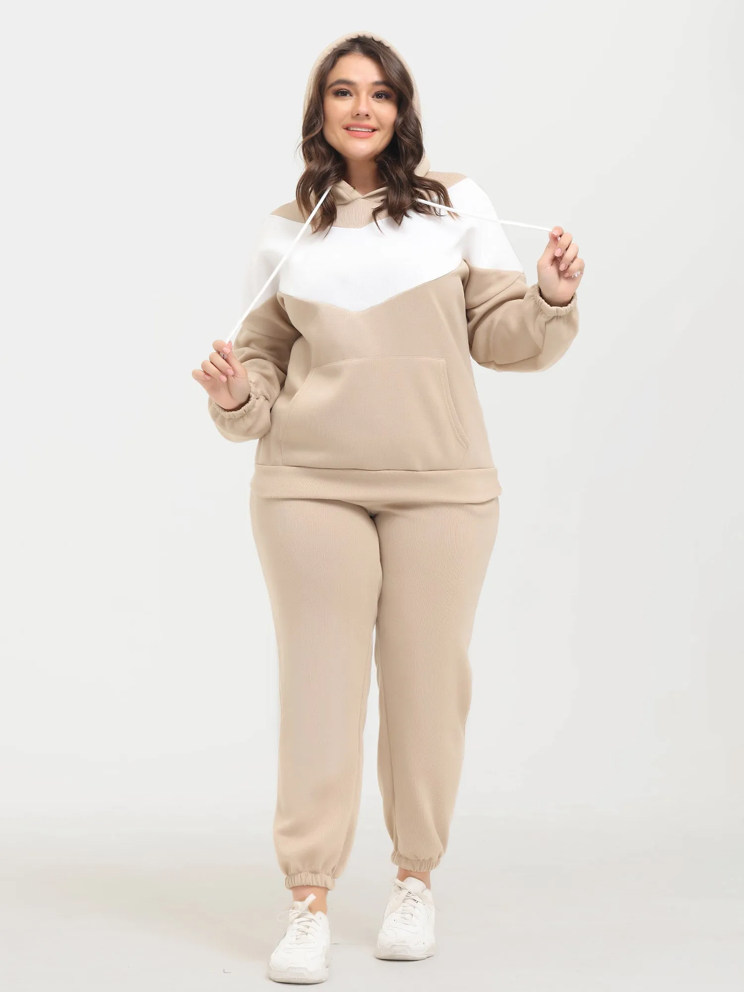 Midsize Casual Fashion Colorblock Fleece Hoodie 2-Piece Set