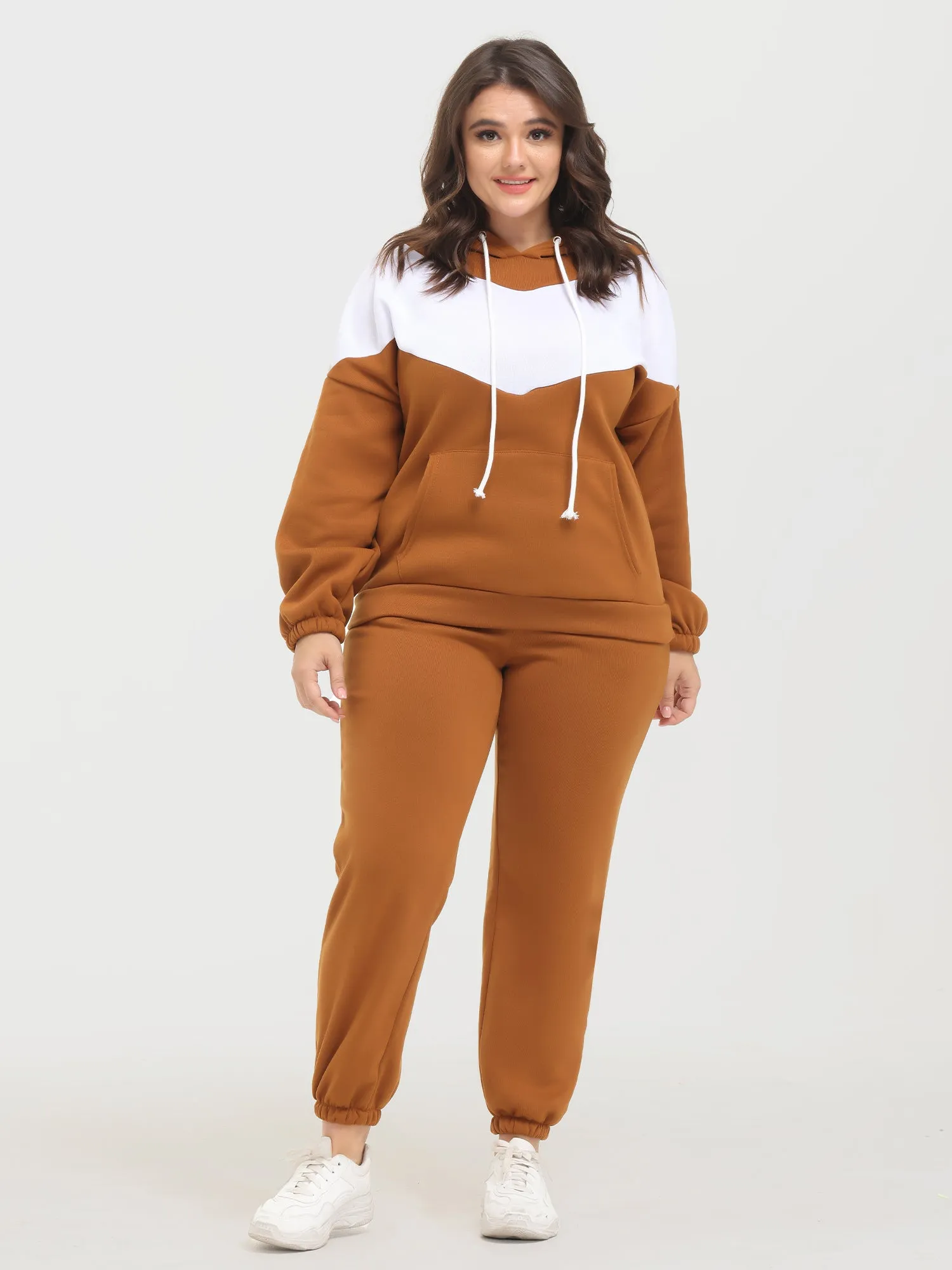 Midsize Casual Fashion Colorblock Fleece Hoodie 2-Piece Set