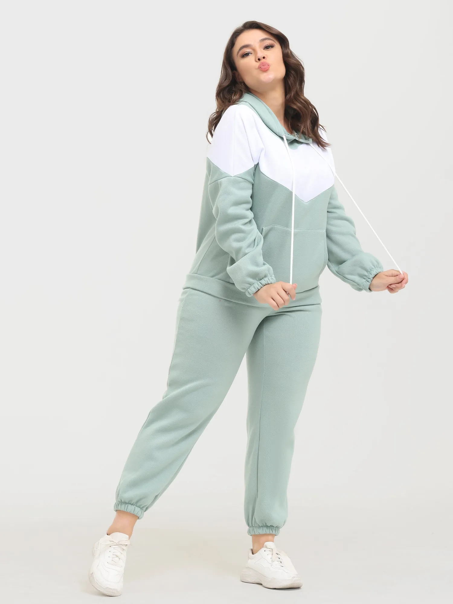 Midsize Casual Fashion Colorblock Fleece Hoodie 2-Piece Set