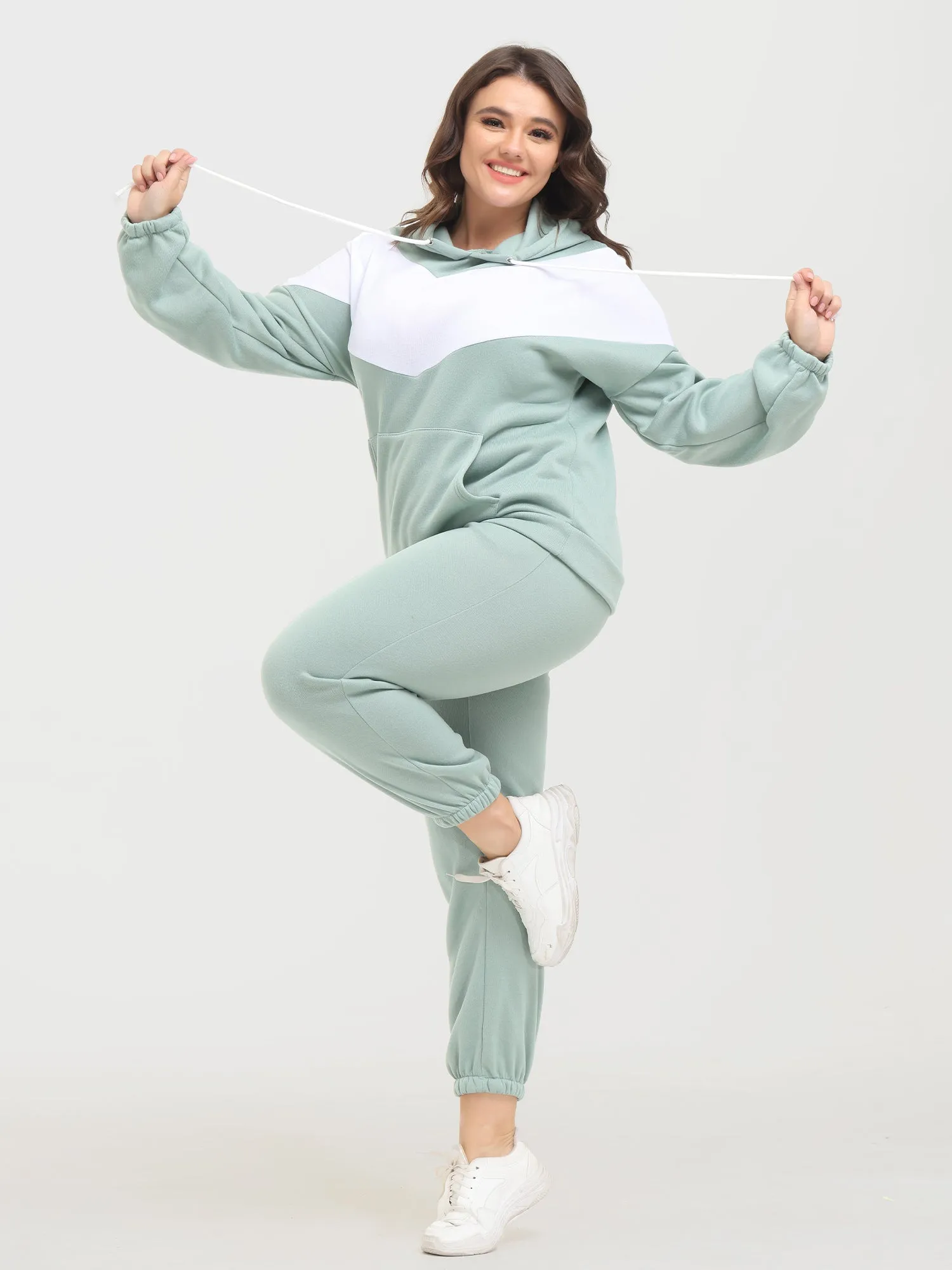 Midsize Casual Fashion Colorblock Fleece Hoodie 2-Piece Set