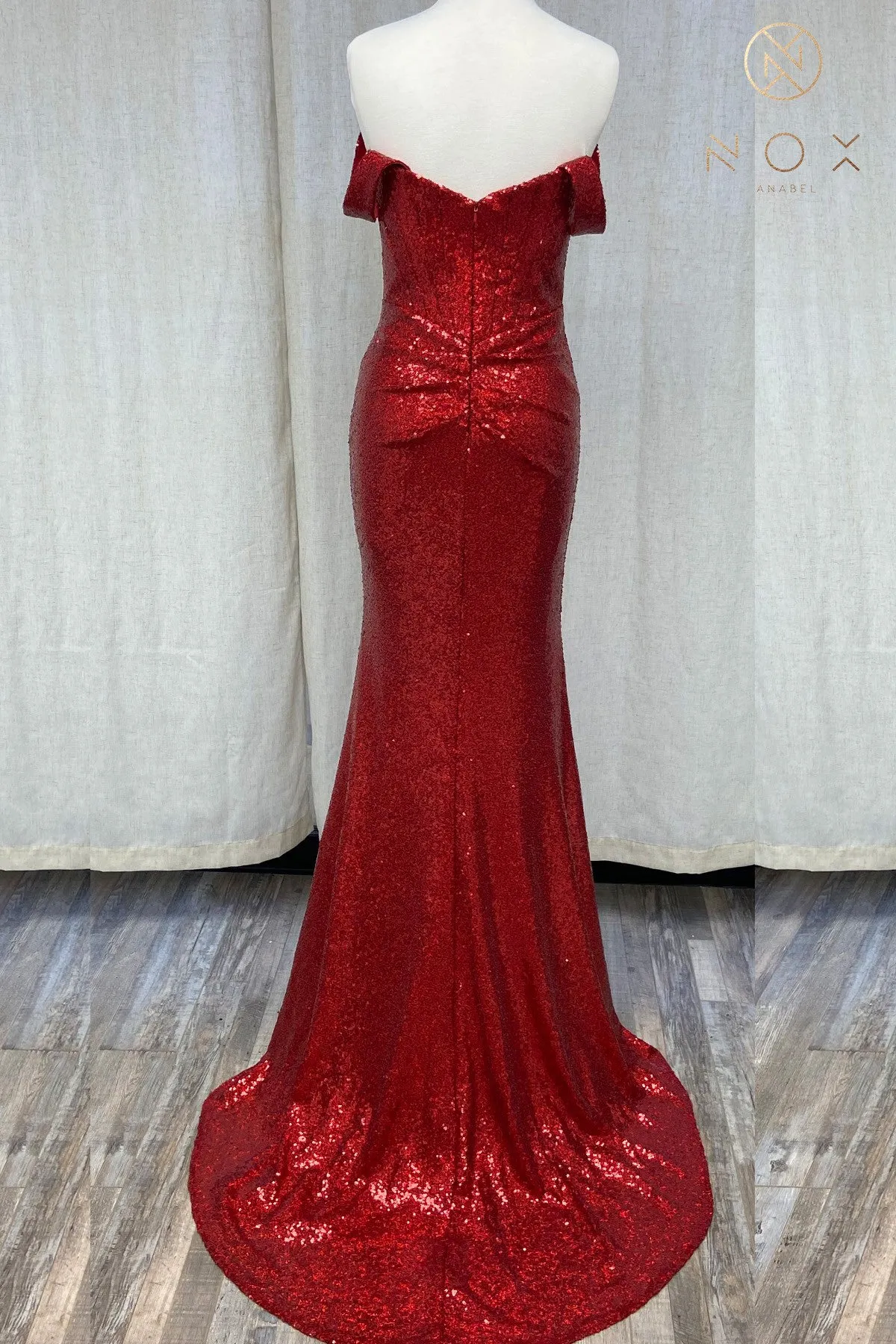 Off Shoulder Embroidered Sequins Open Back Long Prom Dress NXR1203