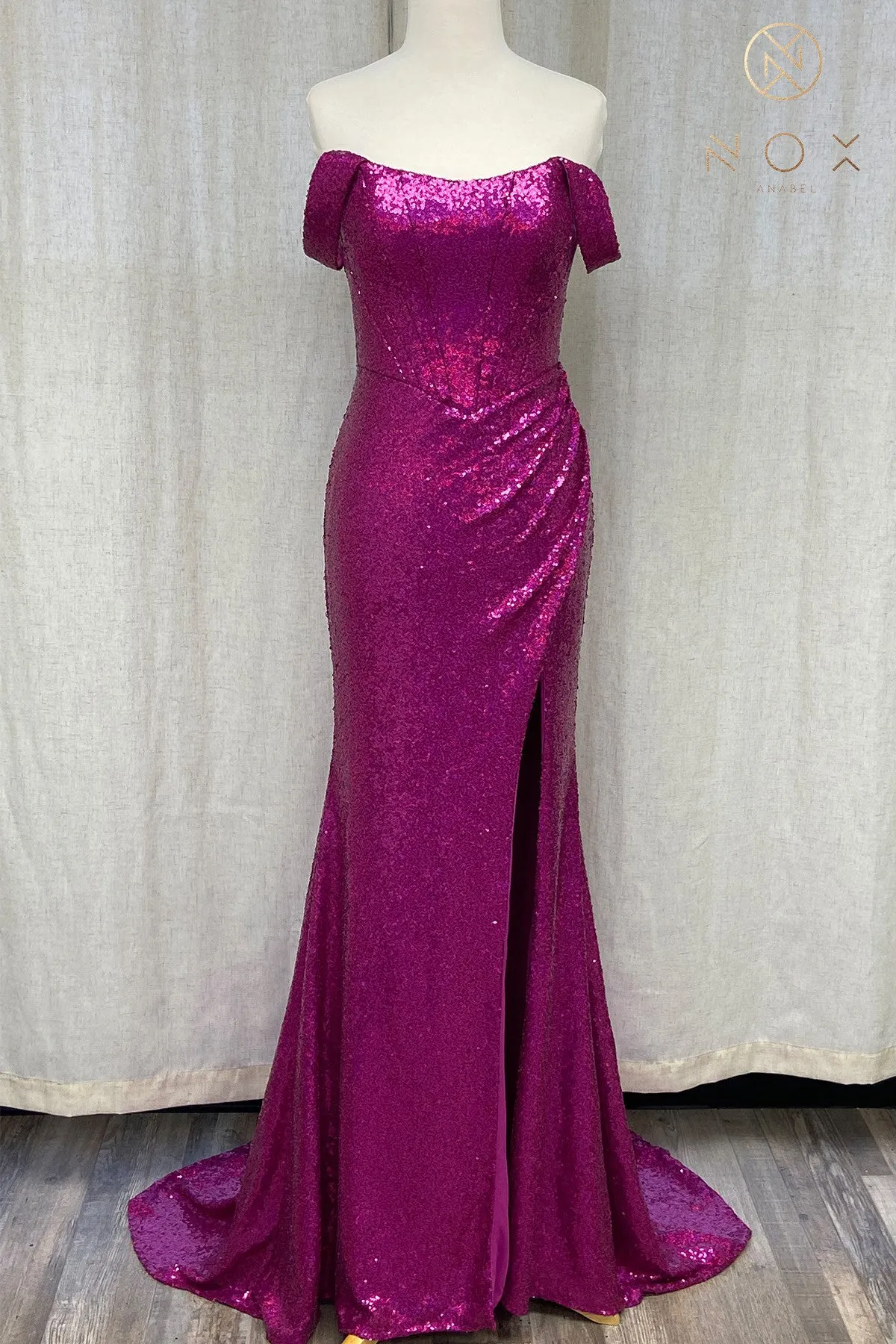 Off Shoulder Embroidered Sequins Open Back Long Prom Dress NXR1203