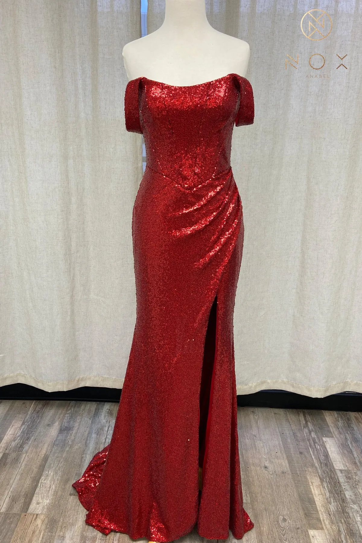 Off Shoulder Embroidered Sequins Open Back Long Prom Dress NXR1203