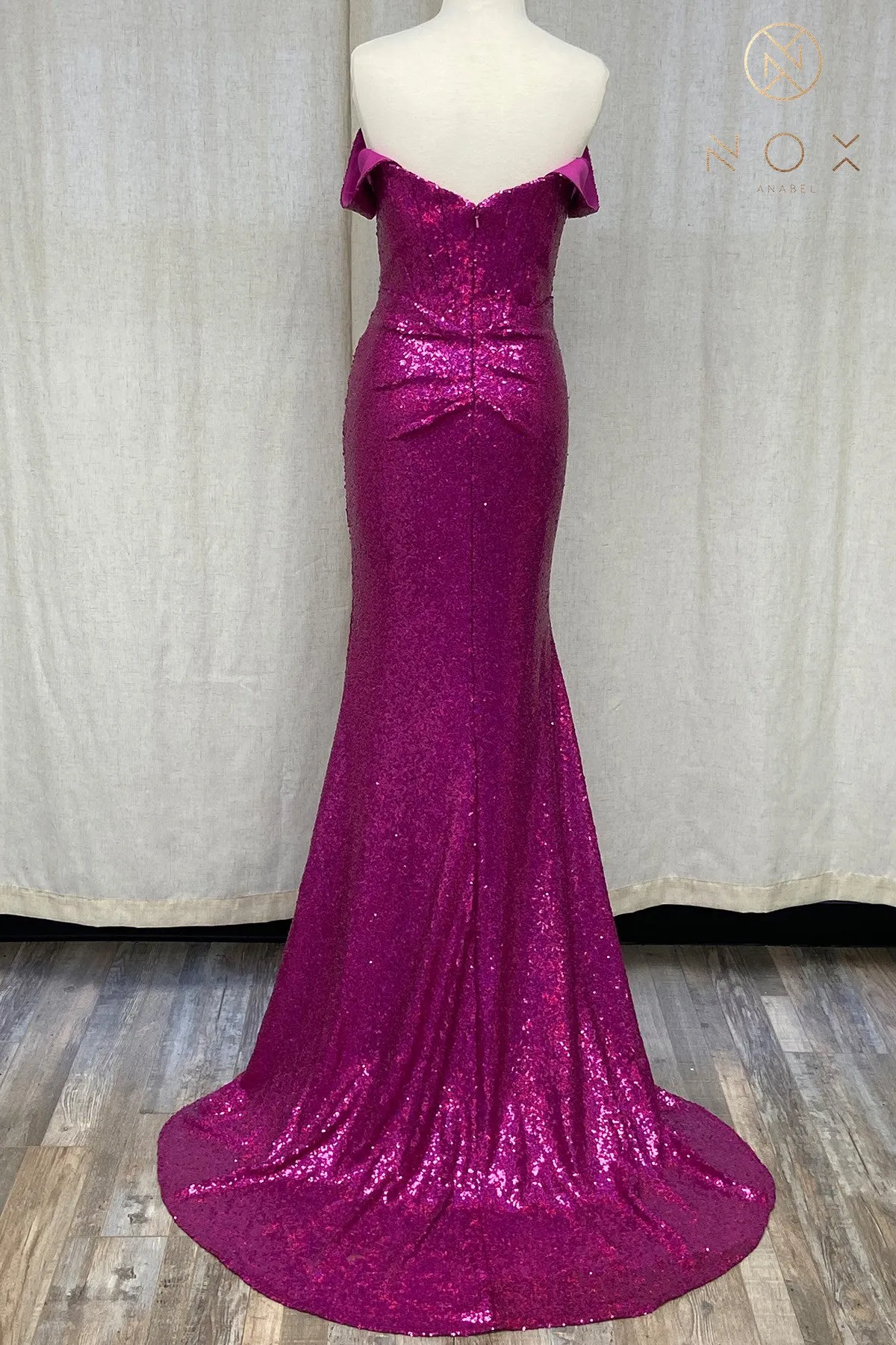 Off Shoulder Embroidered Sequins Open Back Long Prom Dress NXR1203