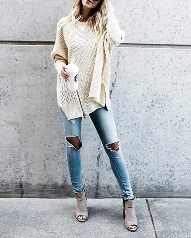 Off Shoulder Zipper Loose Irregular Pur Color Sweater
