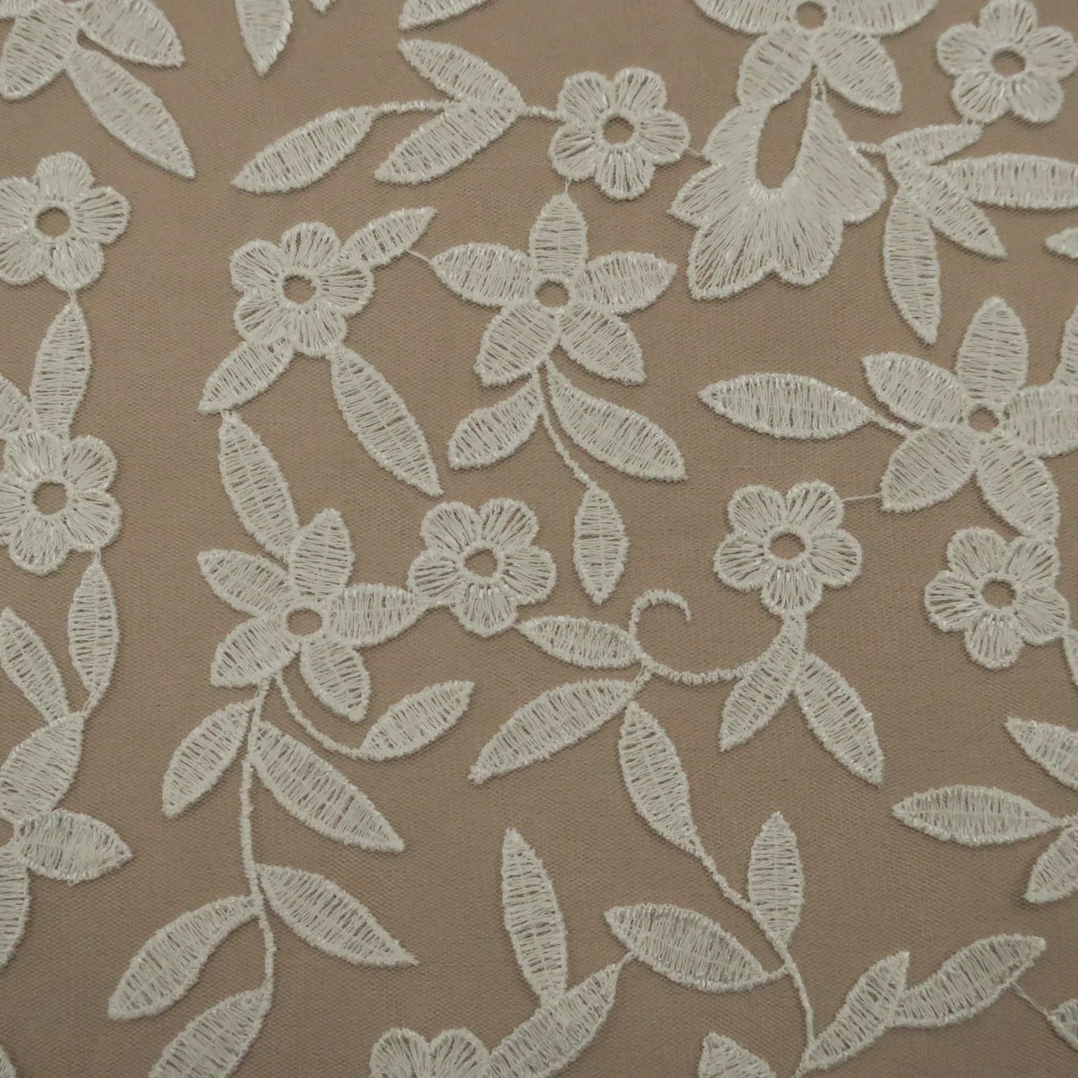 Off White Tulle with  Off White  Floral Design Embroidered Fabric