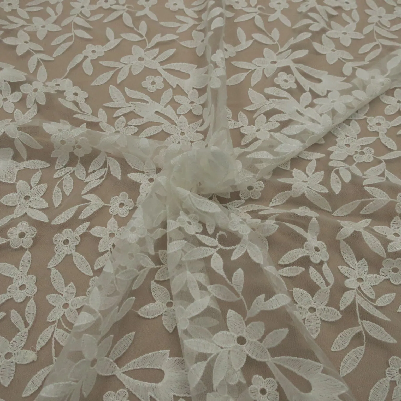 Off White Tulle with  Off White  Floral Design Embroidered Fabric