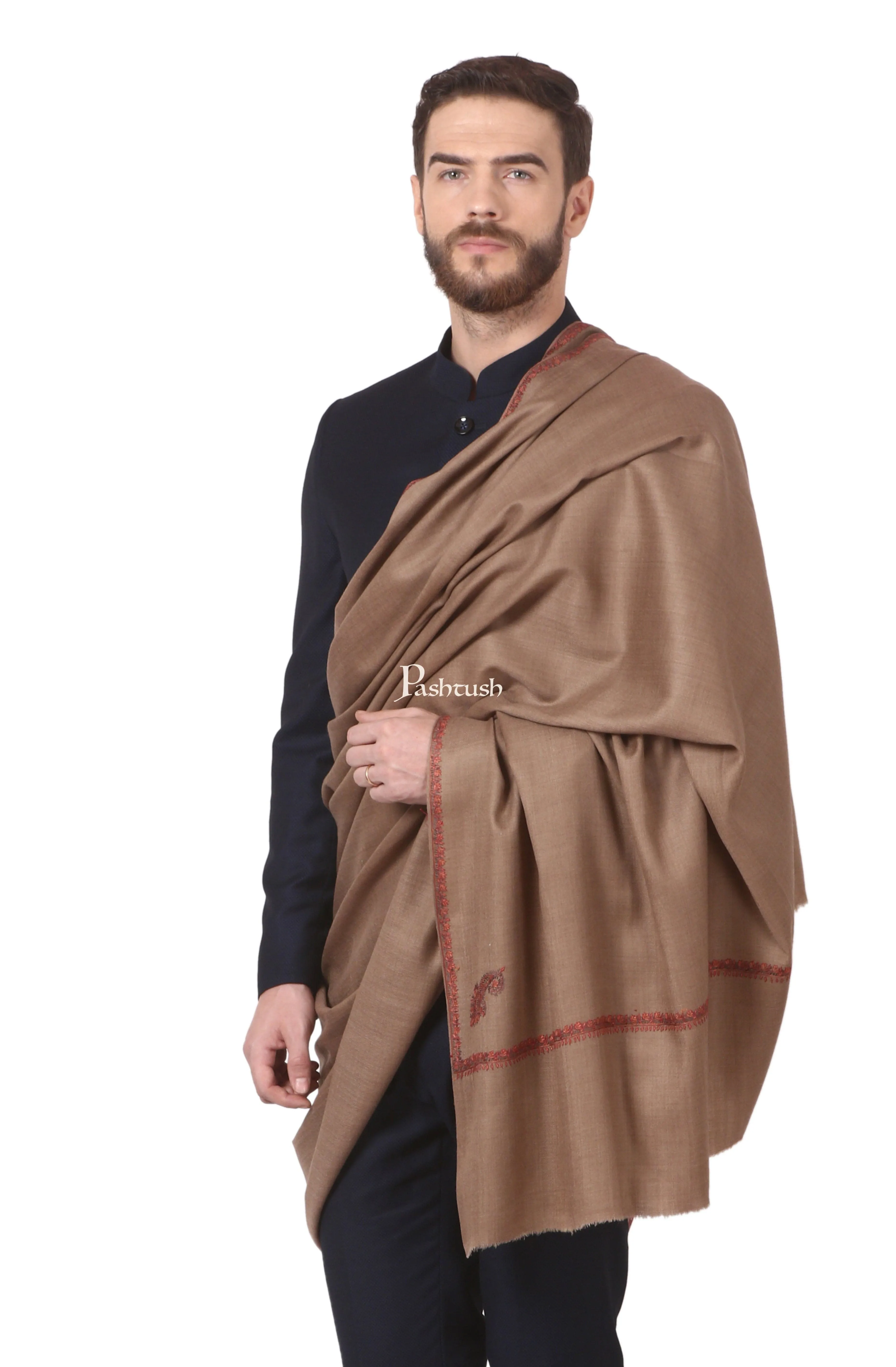 Pashtush His And Her Gift Set Of Fine Wool Hand Embroidery Shawls With Wooden Chester Box, Beige and Multicolour