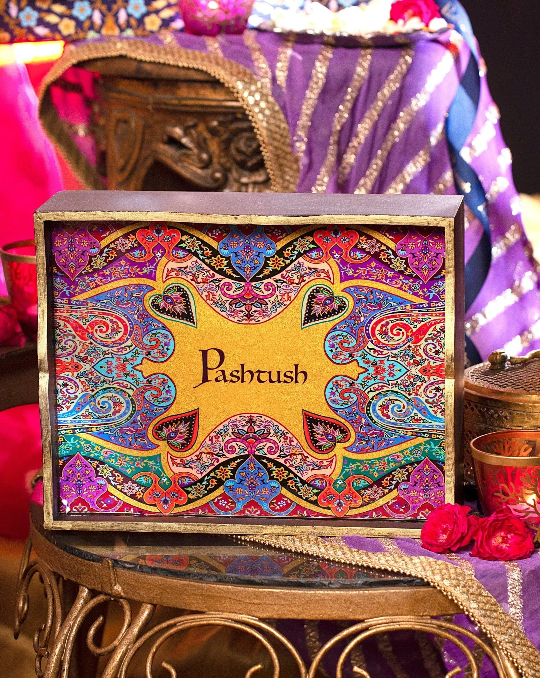 Pashtush His And Her Gift Set Of Fine Wool Hand Embroidery Shawls With Wooden Chester Box, Beige and Multicolour