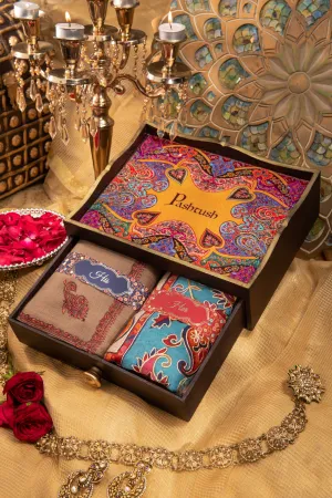 Pashtush His And Her Gift Set Of Fine Wool Hand Embroidery Shawls With Wooden Chester Box, Beige and Multicolour