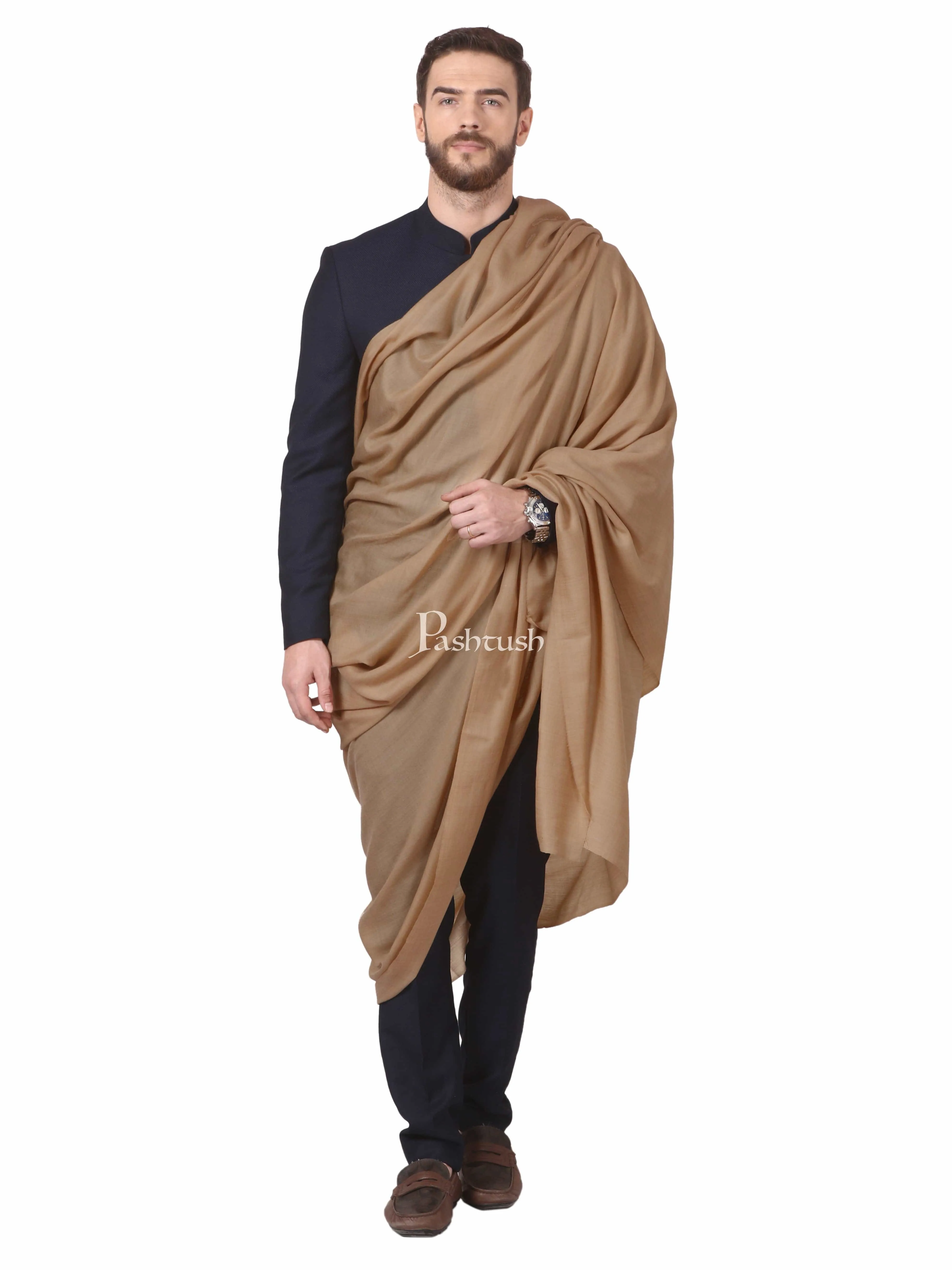 Pashtush His And Her Set Of 100% Pure Wool Shawls With Wooden Chester Box, Taupe and Black