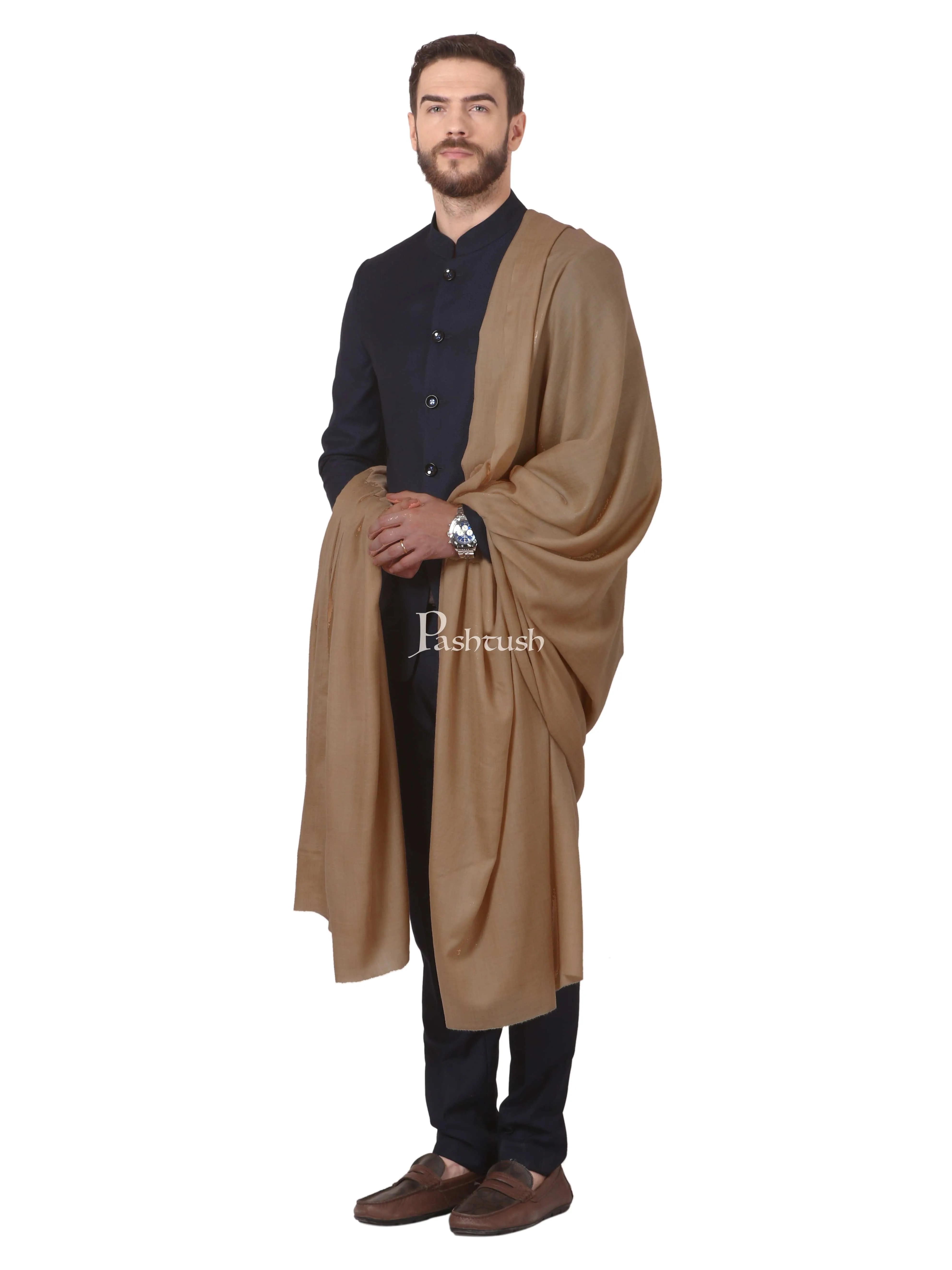 Pashtush His And Her Set Of 100% Pure Wool Shawls With Wooden Chester Box, Taupe and Black