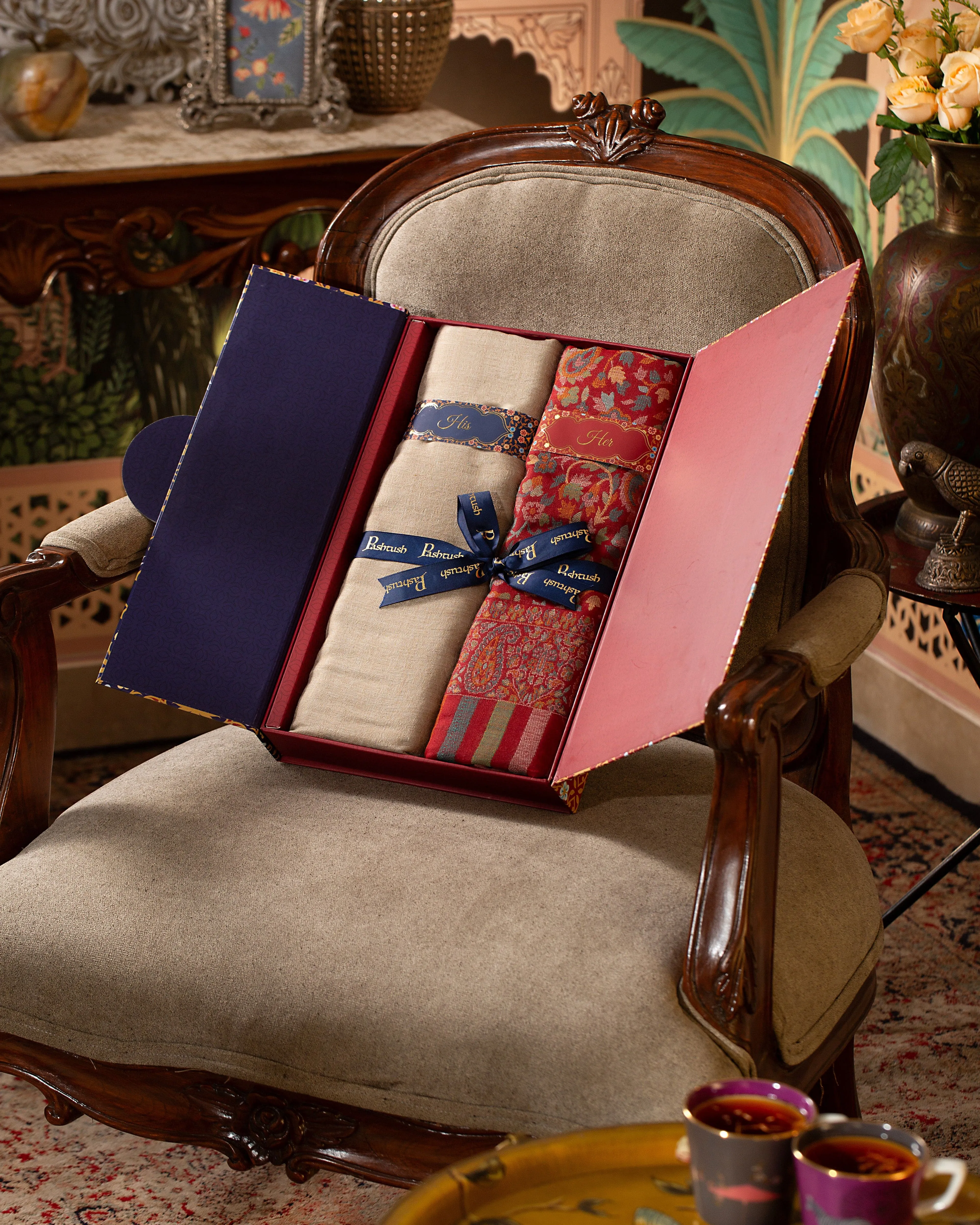 Pashtush His And Her Set Of Fine Wool Shawls, Premium Gift Box Packaging, Taupe and Maroon