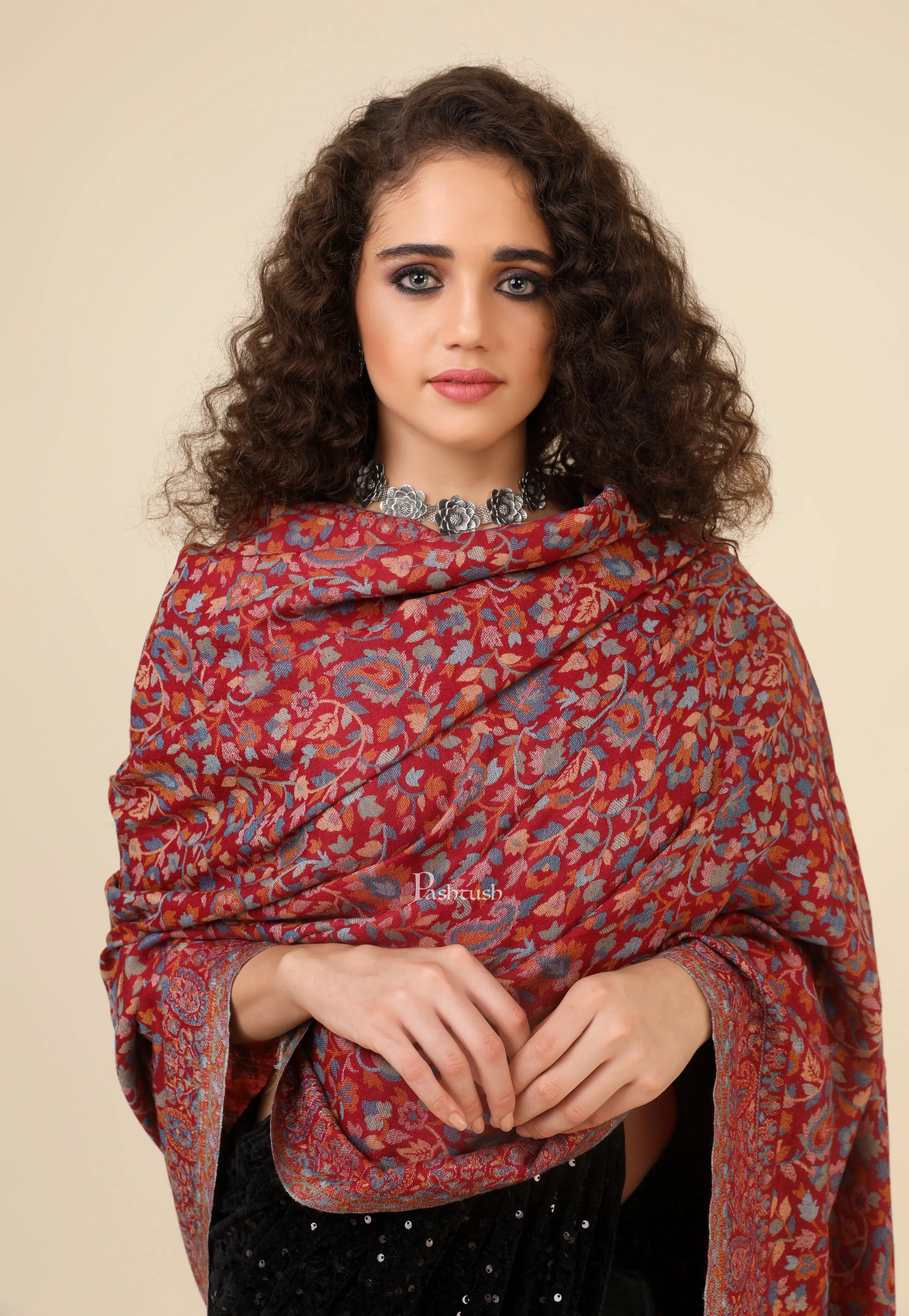 Pashtush His And Her Set Of Fine Wool Shawls, Premium Gift Box Packaging, Taupe and Maroon